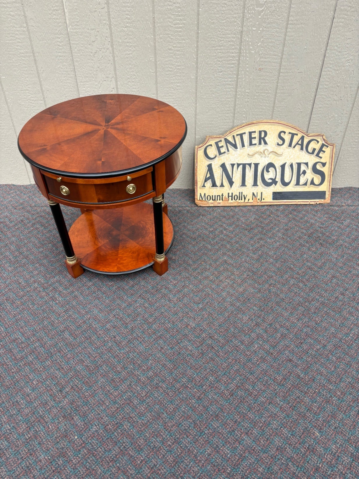 67823 Elegant Century Round Side Table with Cherry Veneer and Brass Accents