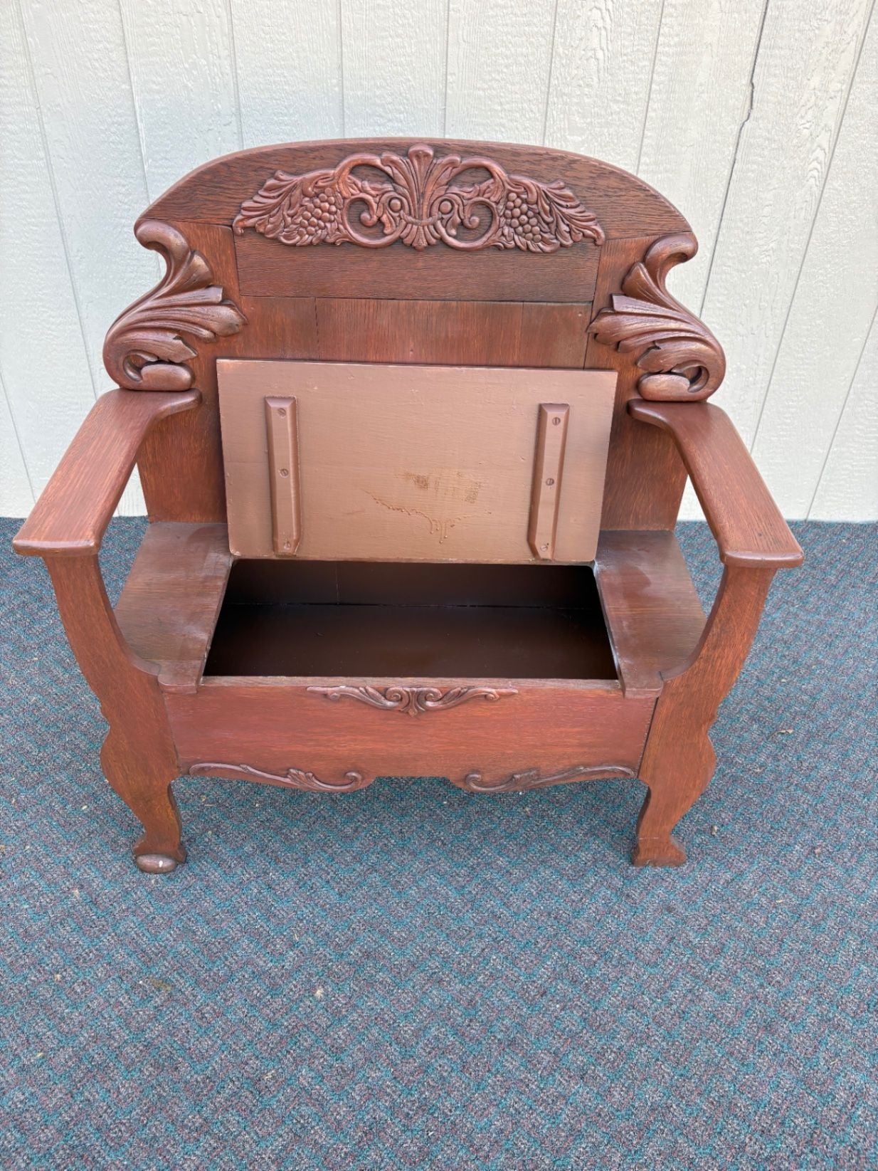 67564 Victorian Hall Seat with Intricate Carving in Rich Oak Finish