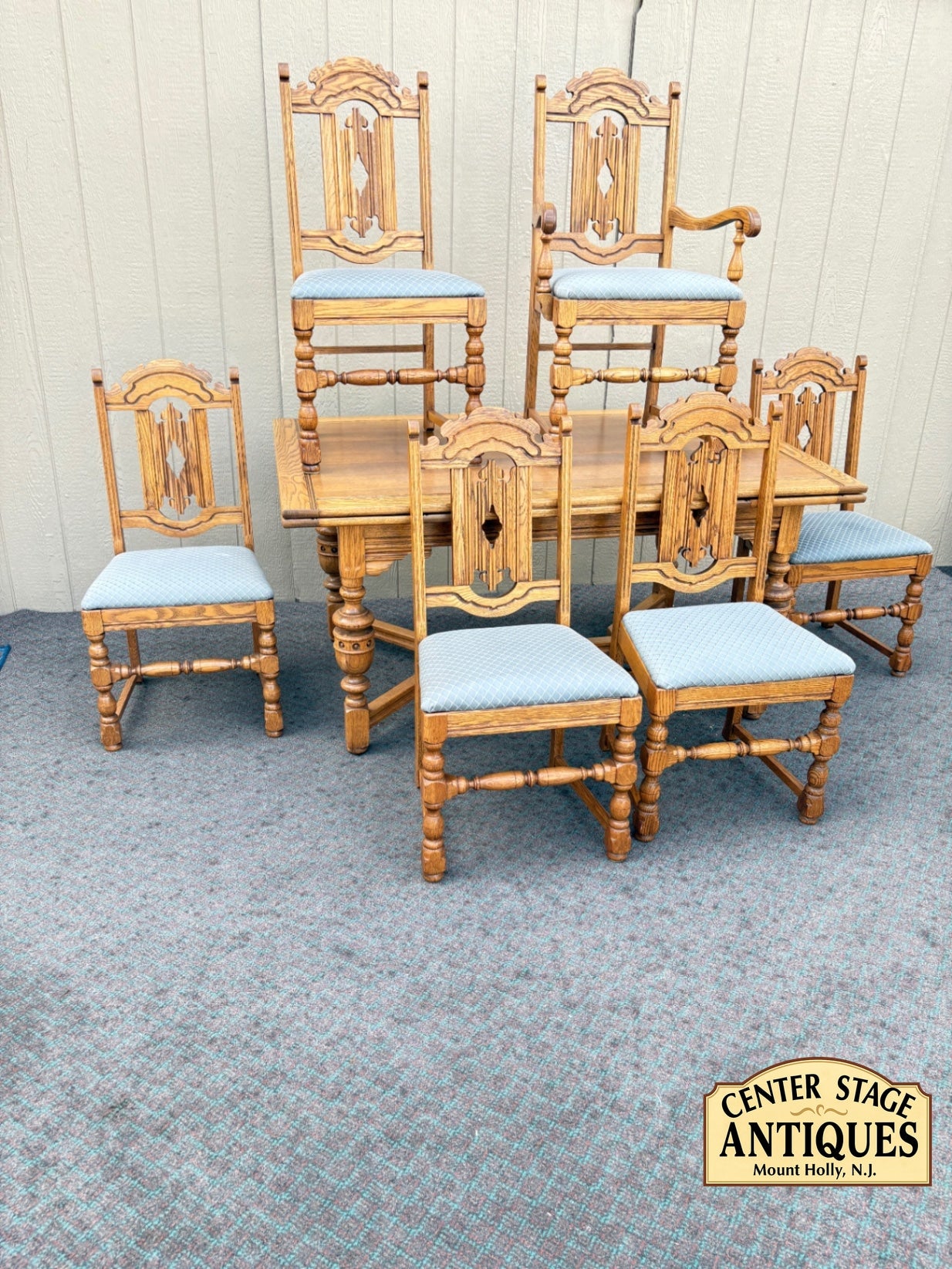 Oak Refractory Dining Table with Six Carved Chairs Set