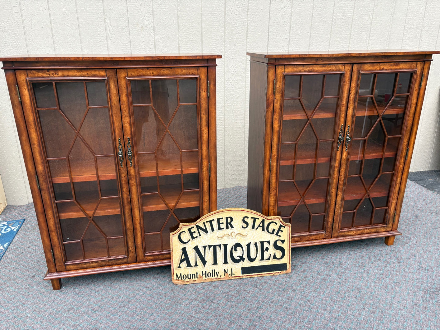 67944 Vintage Glass Front Bookcase with Geometric Pane Design