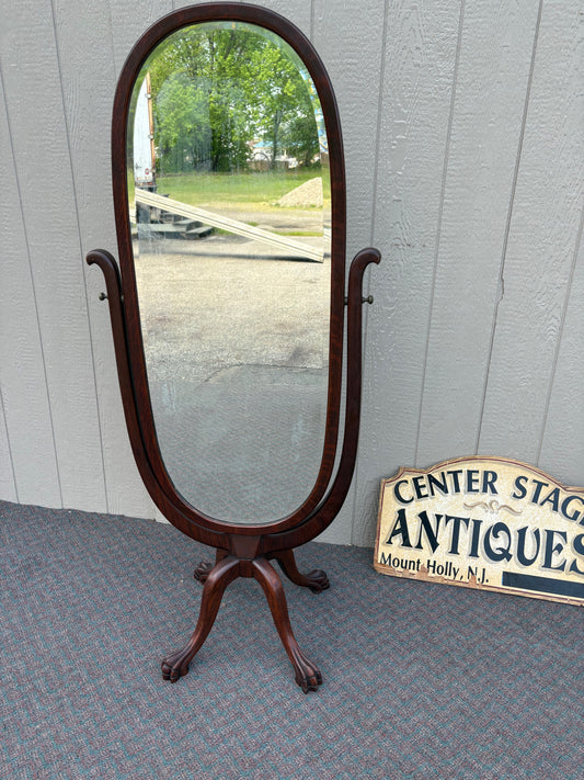 67612 Antique Oak Cheval Mirror with Beveled Glass