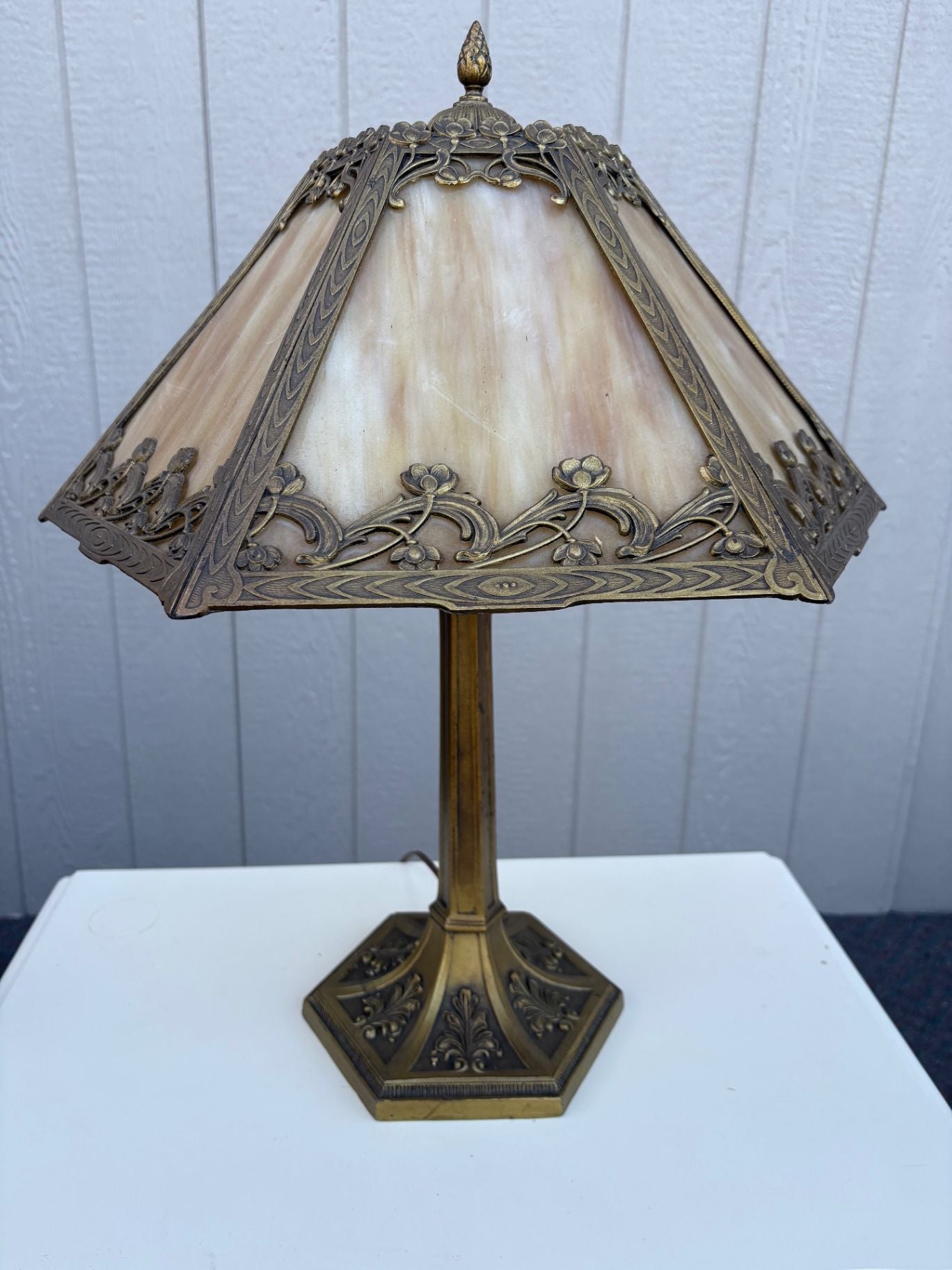 67451  Victorian Slag Glass Table Lamp with Ornate Brass Base