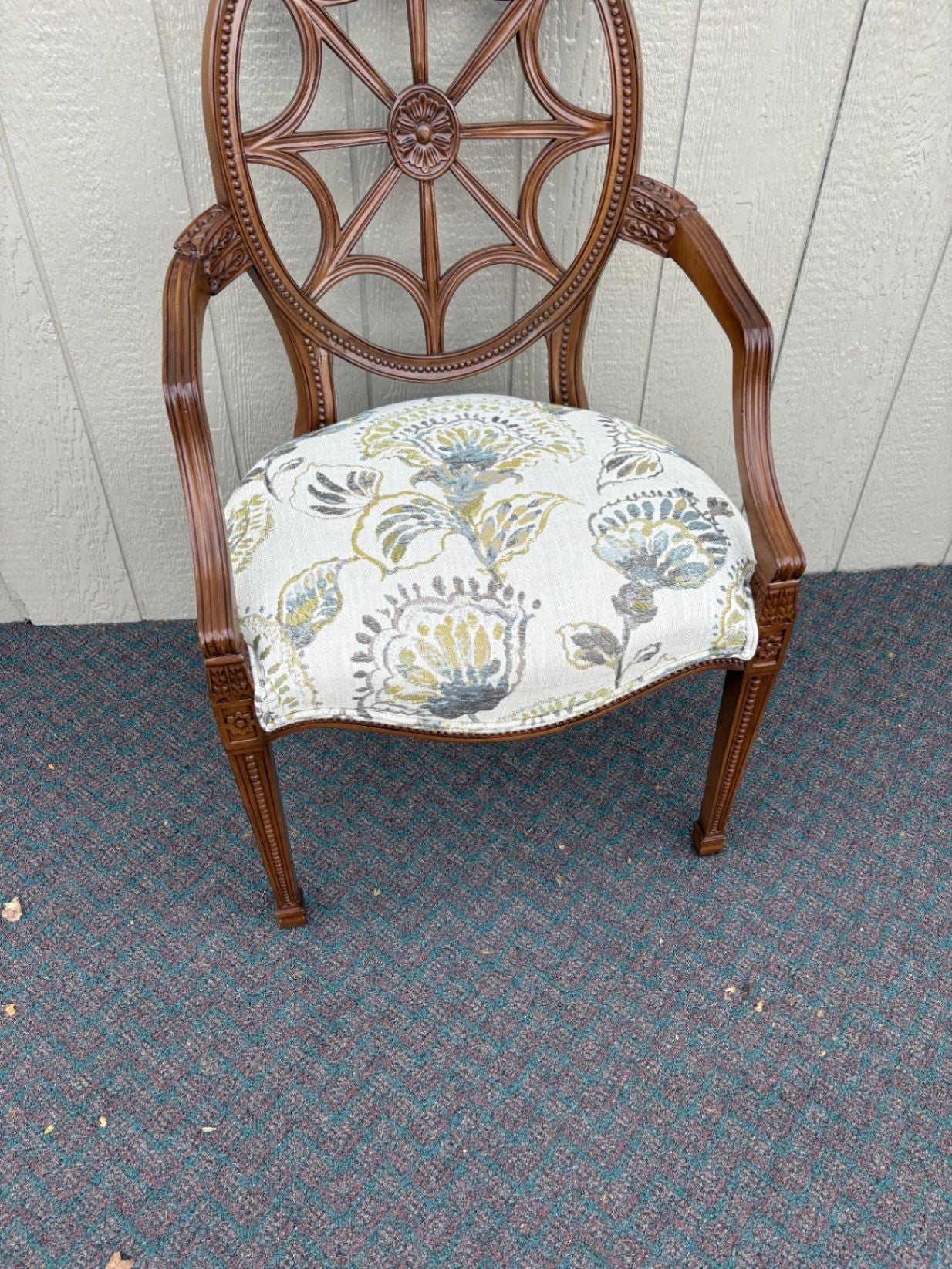 67658 Ethan Allen Carved Armchair with Floral Upholstery