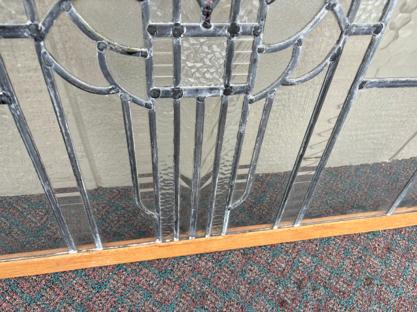 67907 Vintage Art Deco Stained Glass Window with Wood Frame