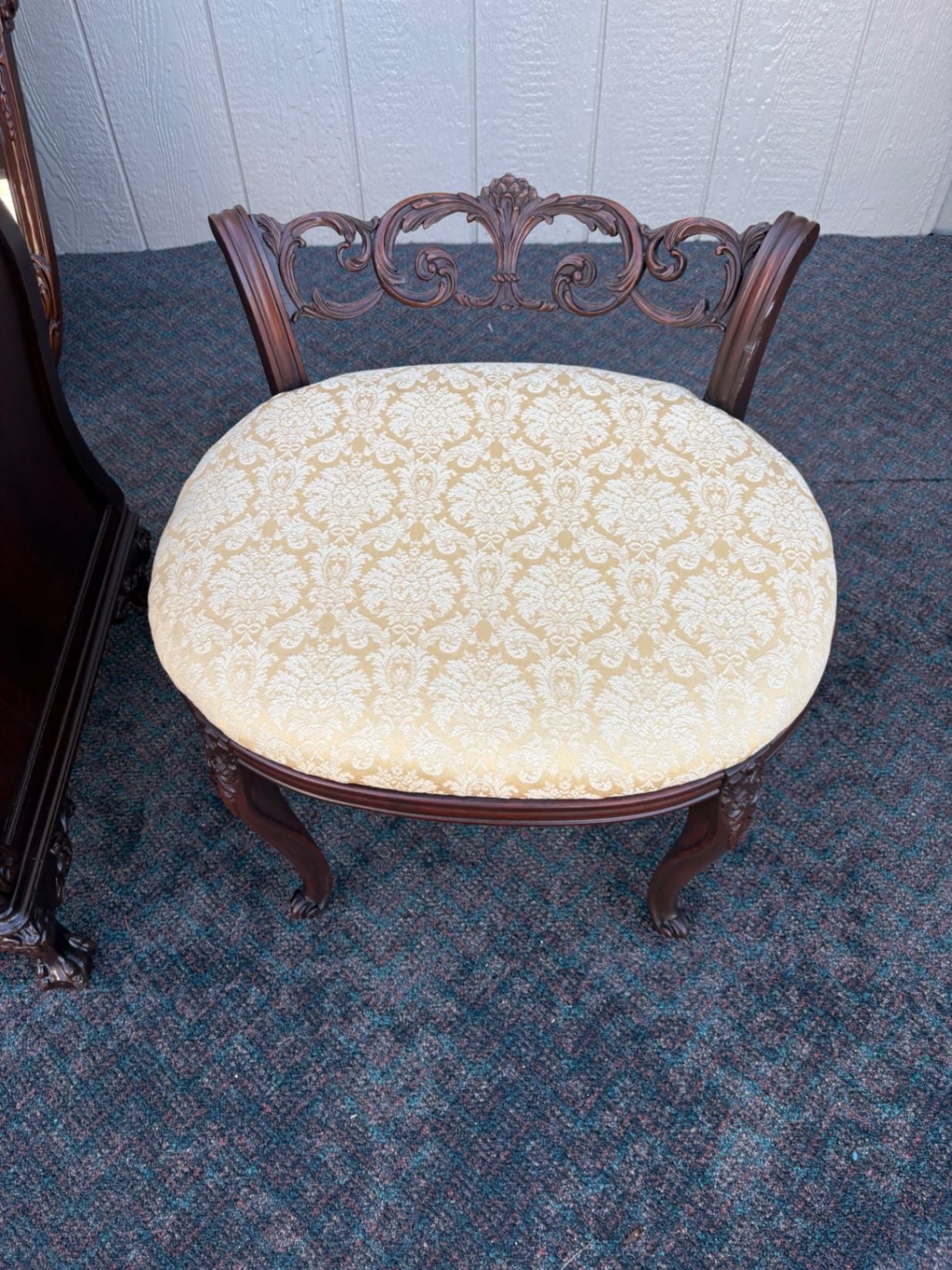 Ornate Mahogany Vanity Set with Mirror and Upholstered Bench