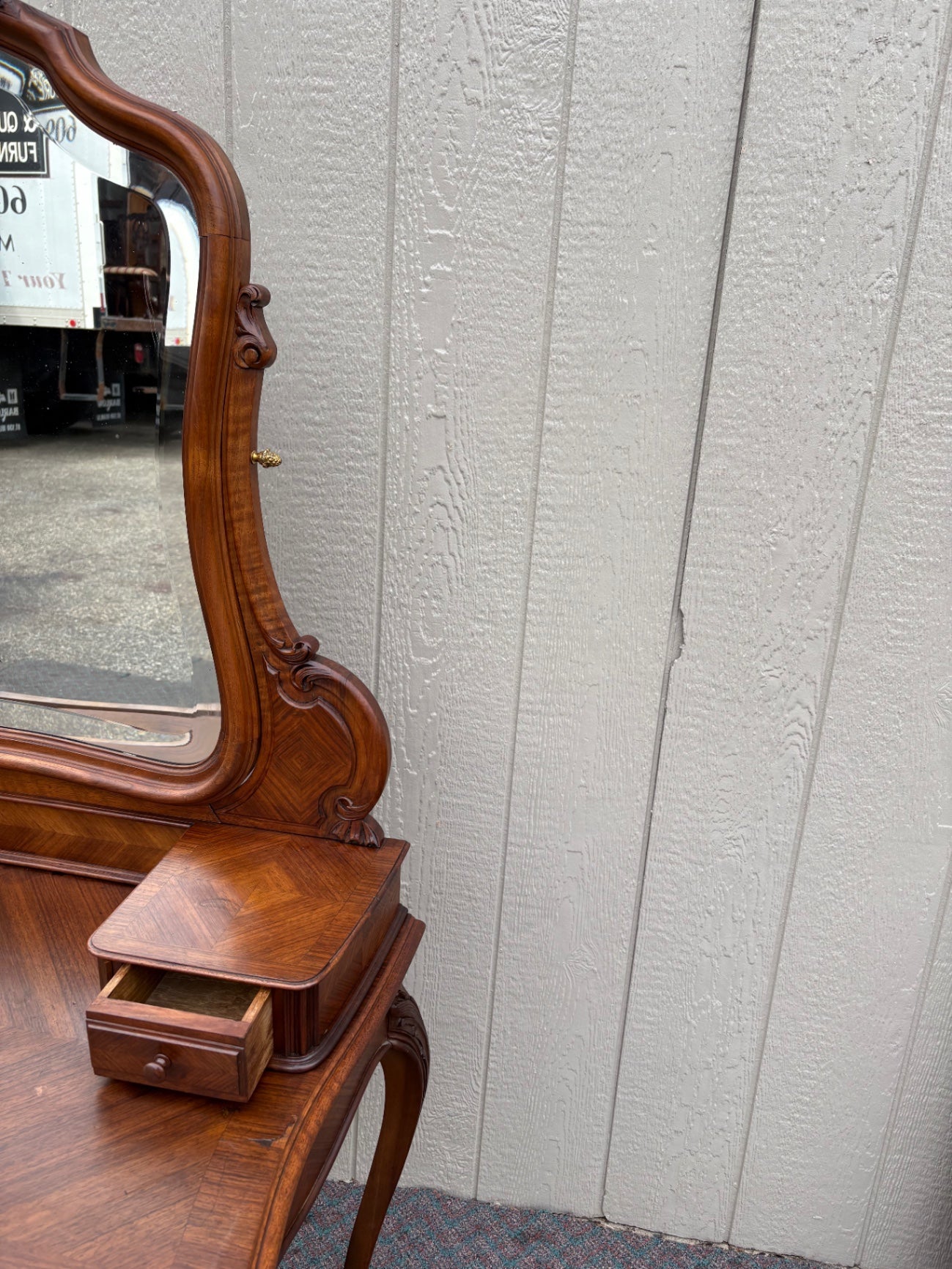 68043 Elegant French Rococo Vanity with Mirror in Rich Walnut