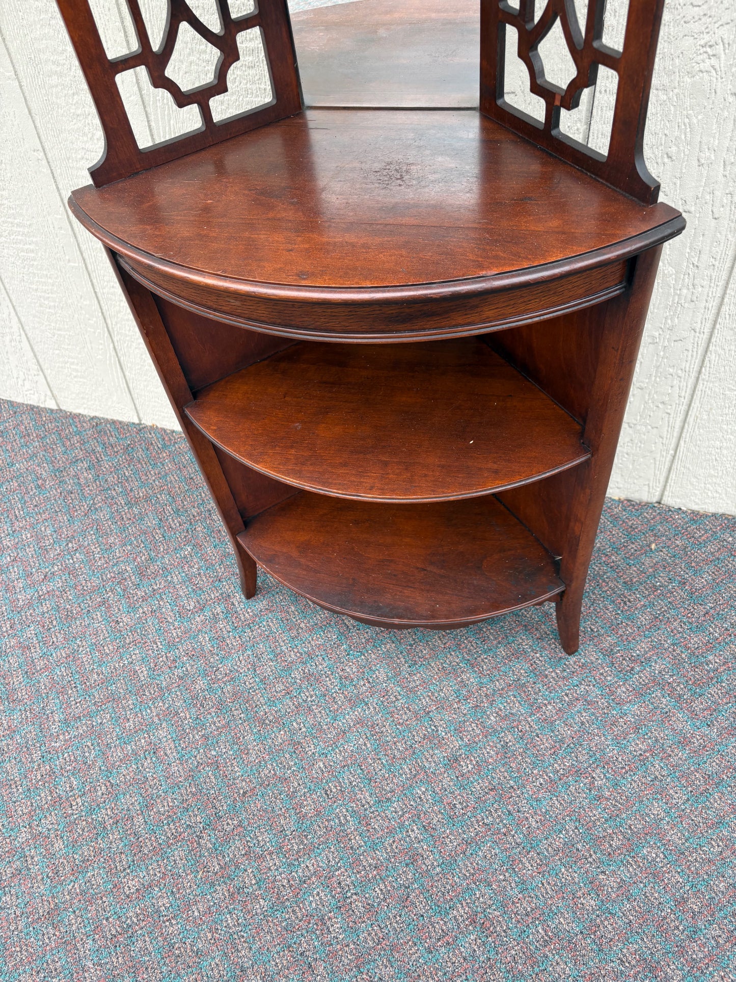 67739 Antique Mahogany Corner Shelf with Ornate Openwork Design