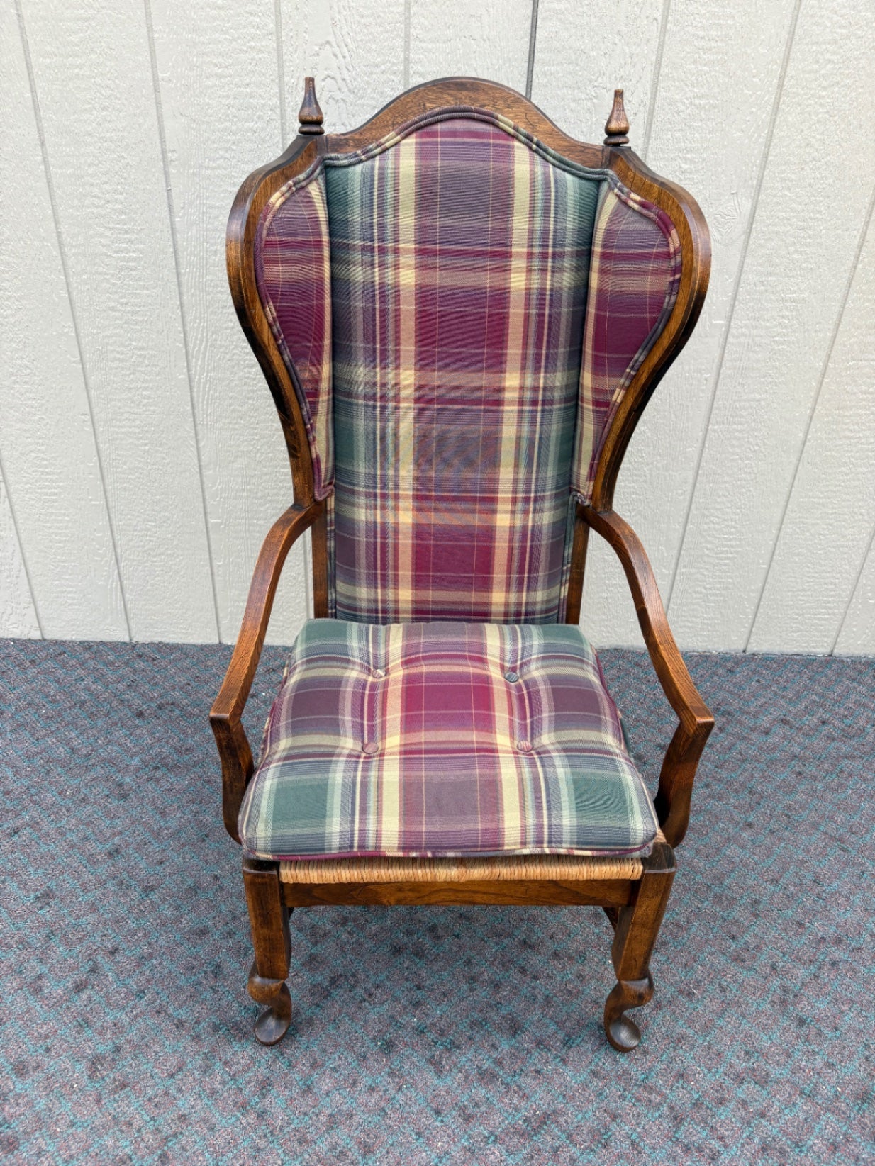 67998 Vintage Oak Kidney Desk with Plaid Upholstered Chair Set