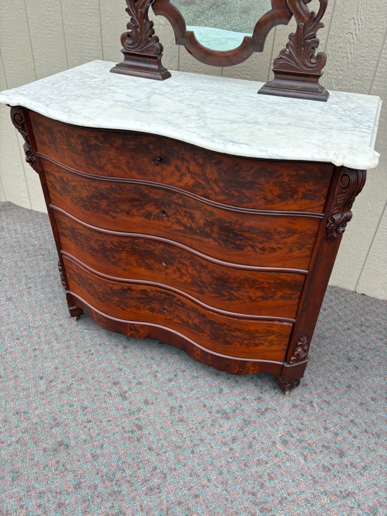 67937 Victorian Marble Top Dresser with Ornate Mirror and Carved Details