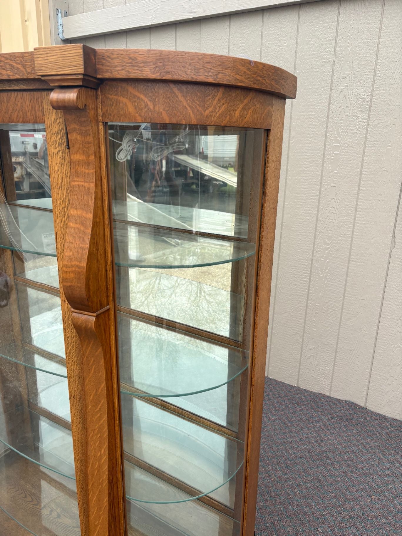 67676 Antique Oak Empire Curved Glass China Cabinet with Shelves