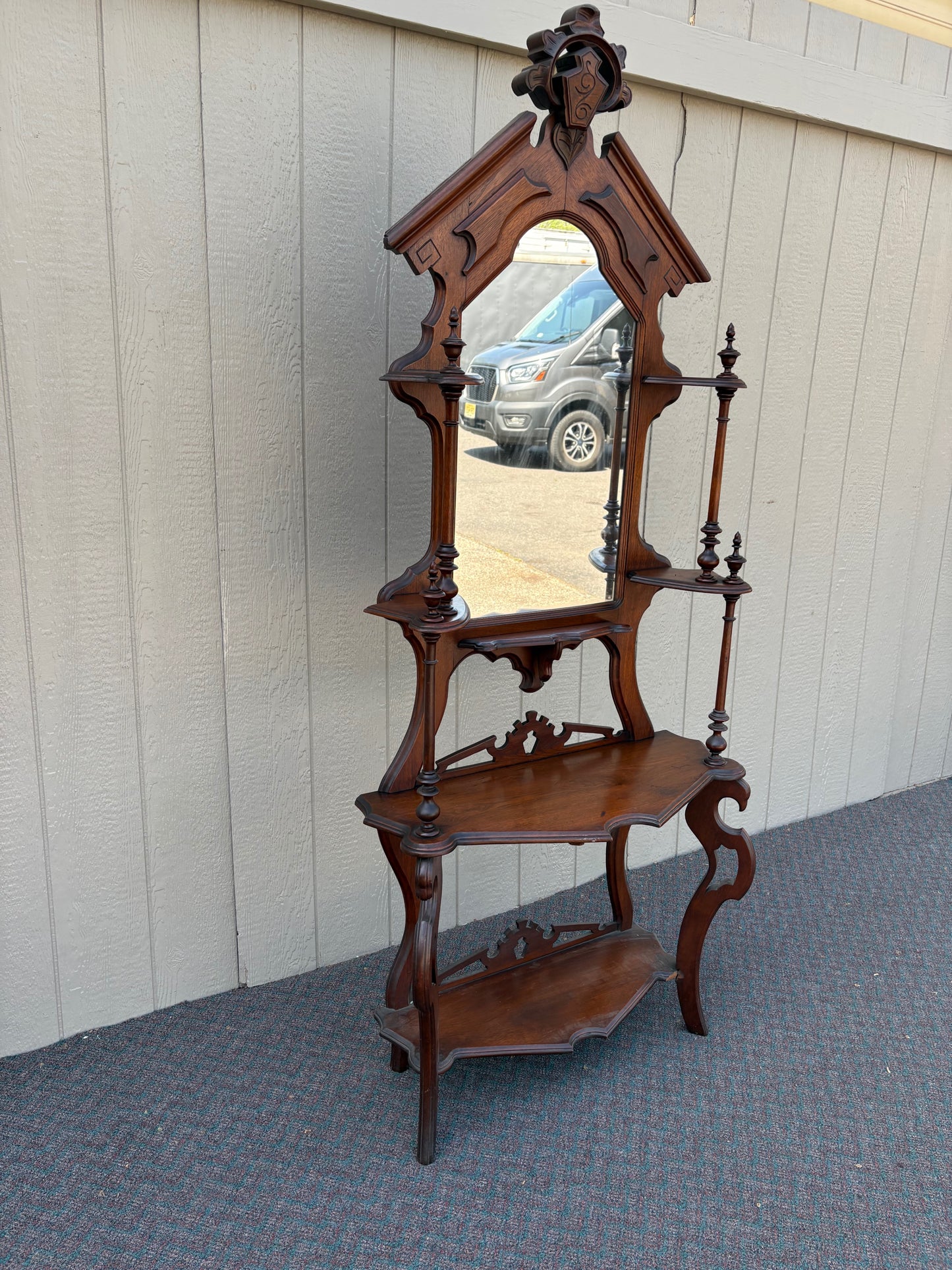 67717 Victorian Eastlake Style Hall Mirror with Shelves, Solid Mahogany