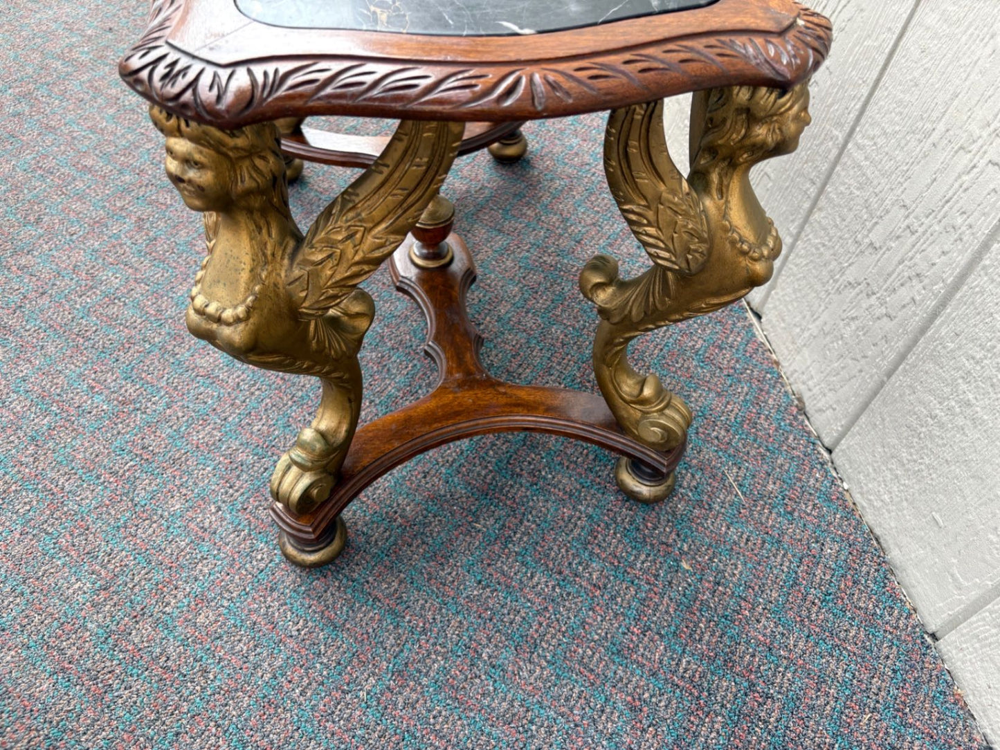 67619 Elegant Figural Carved Coffee Table with Marble Top Winged angel