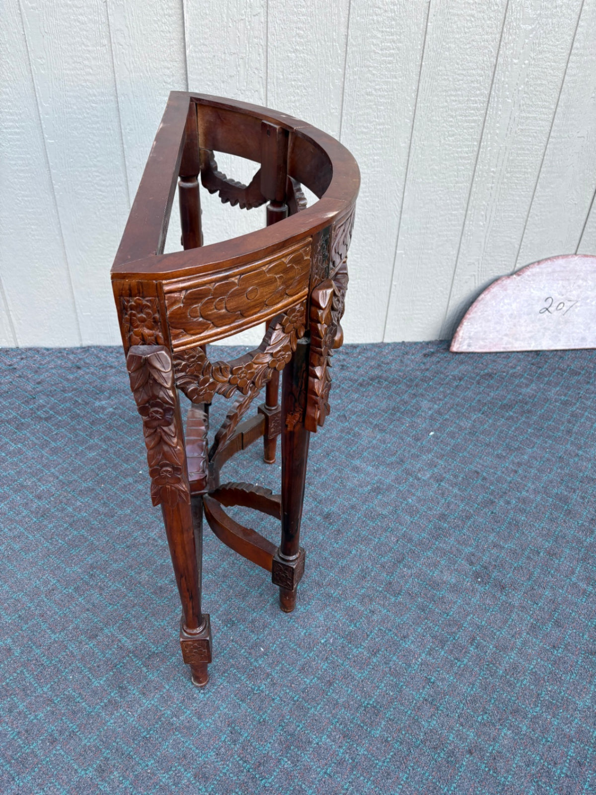 68237  Antique Mahogany Demilune Table with Pink Marble Top