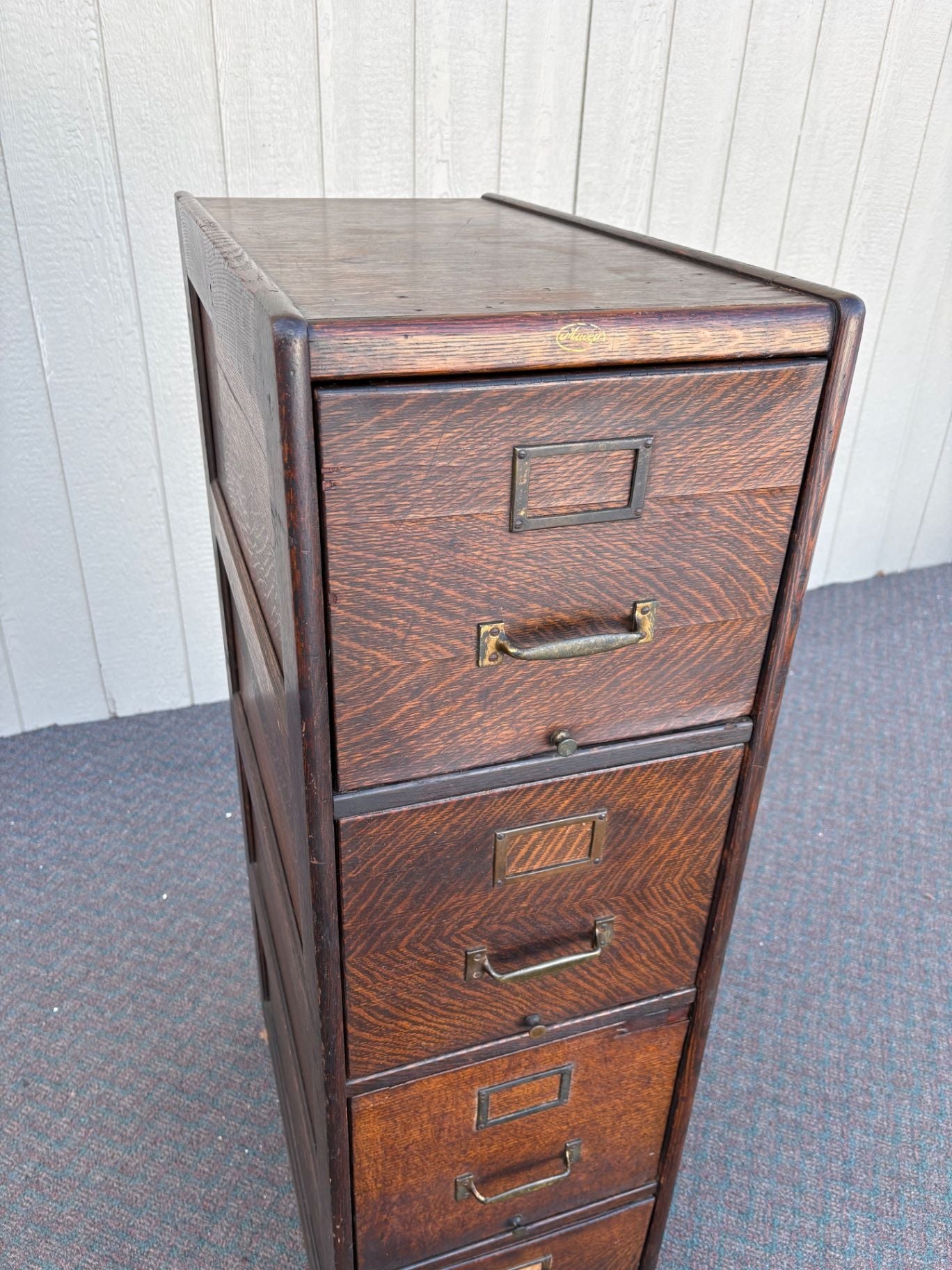 67307 Antique Oak File Cabinet with Four Drawers and Brass Hardware