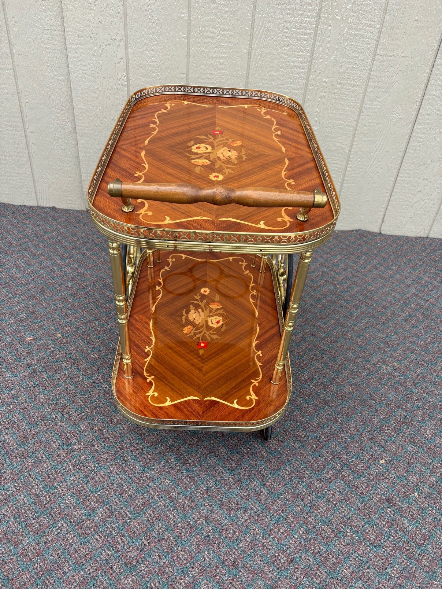 67707 Italian Mid-Century Inlaid Wood and Brass Bar Cart with Floral Motif