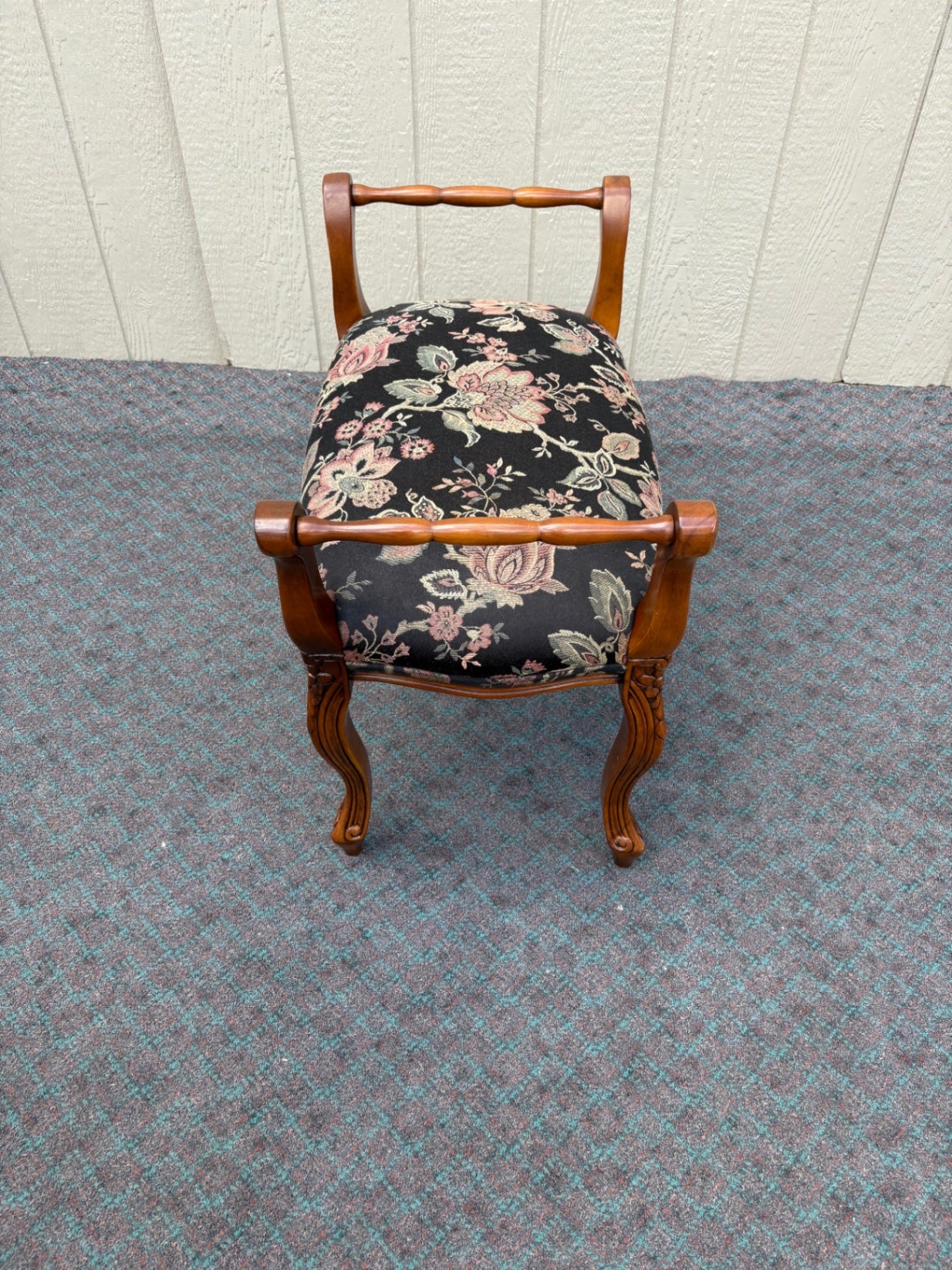 68098 Vintage Carved Wood Window Bench with Floral Upholstery