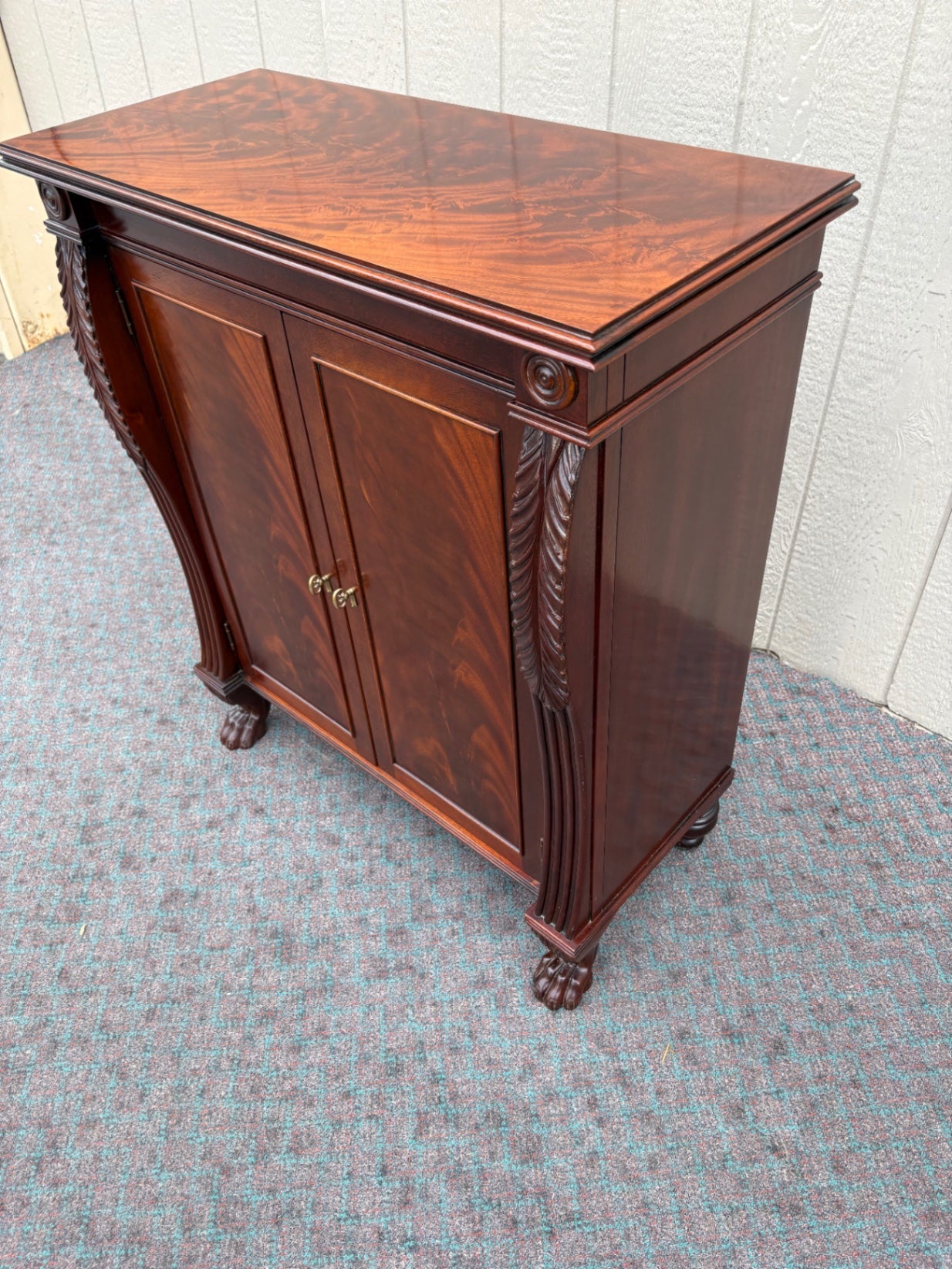 68003 Antique Mahogany Cabinet with Claw Feet and Carved Details