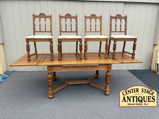 67732 Antique Oak Dining Table with Four Upholstered Chairs Set