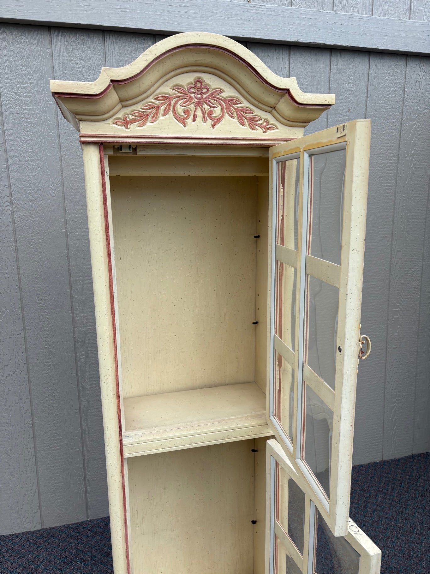 67860 Vintage French Country Curio Cabinet with Convex Glass Panels