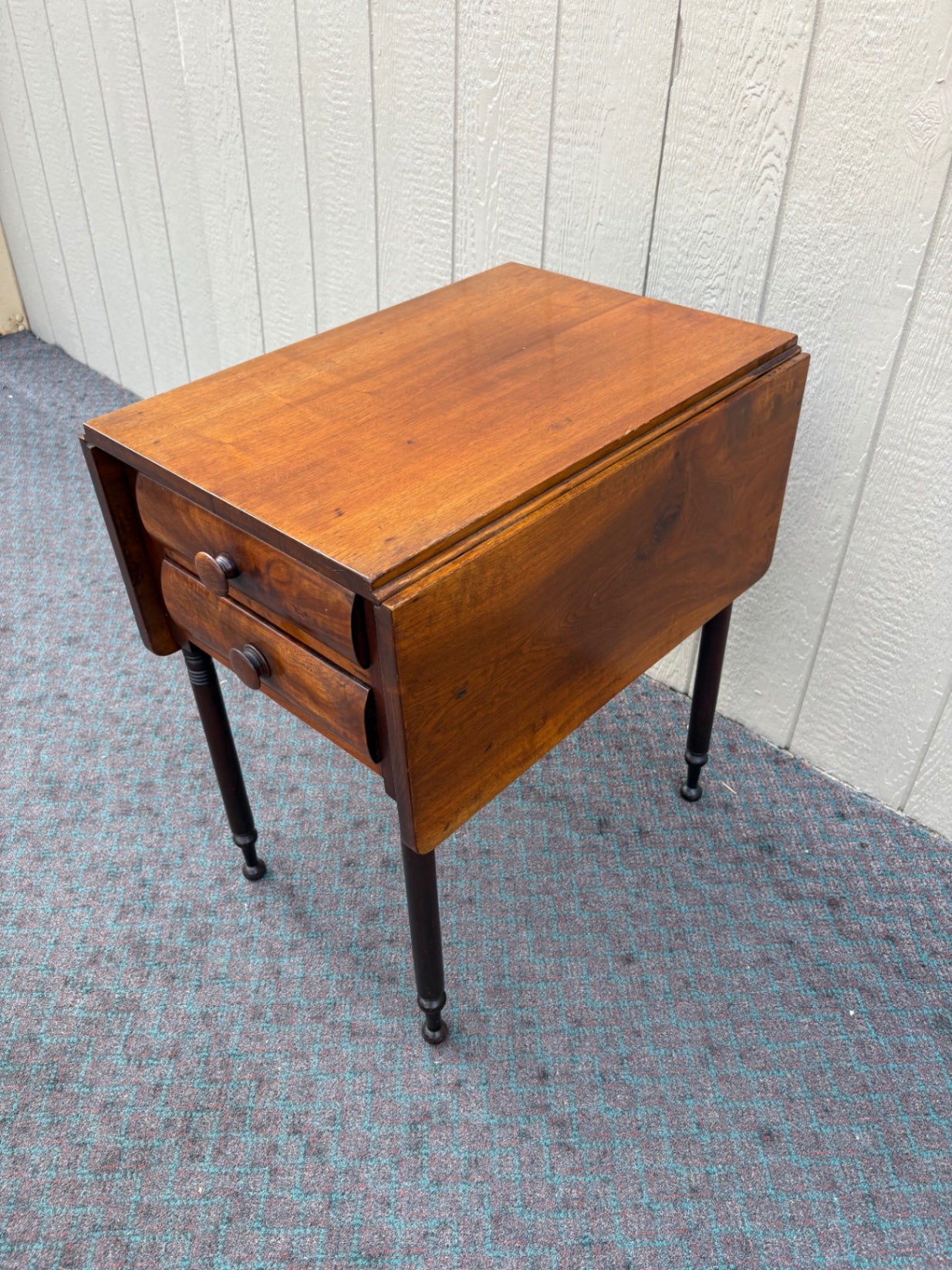 68085  Antique Drop Leaf Side Table with Drawers, Solid Wood