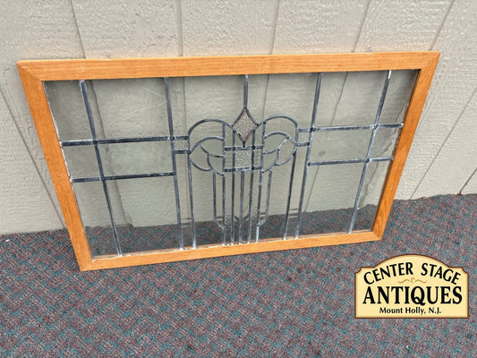 67907 Vintage Art Deco Stained Glass Window with Wood Frame