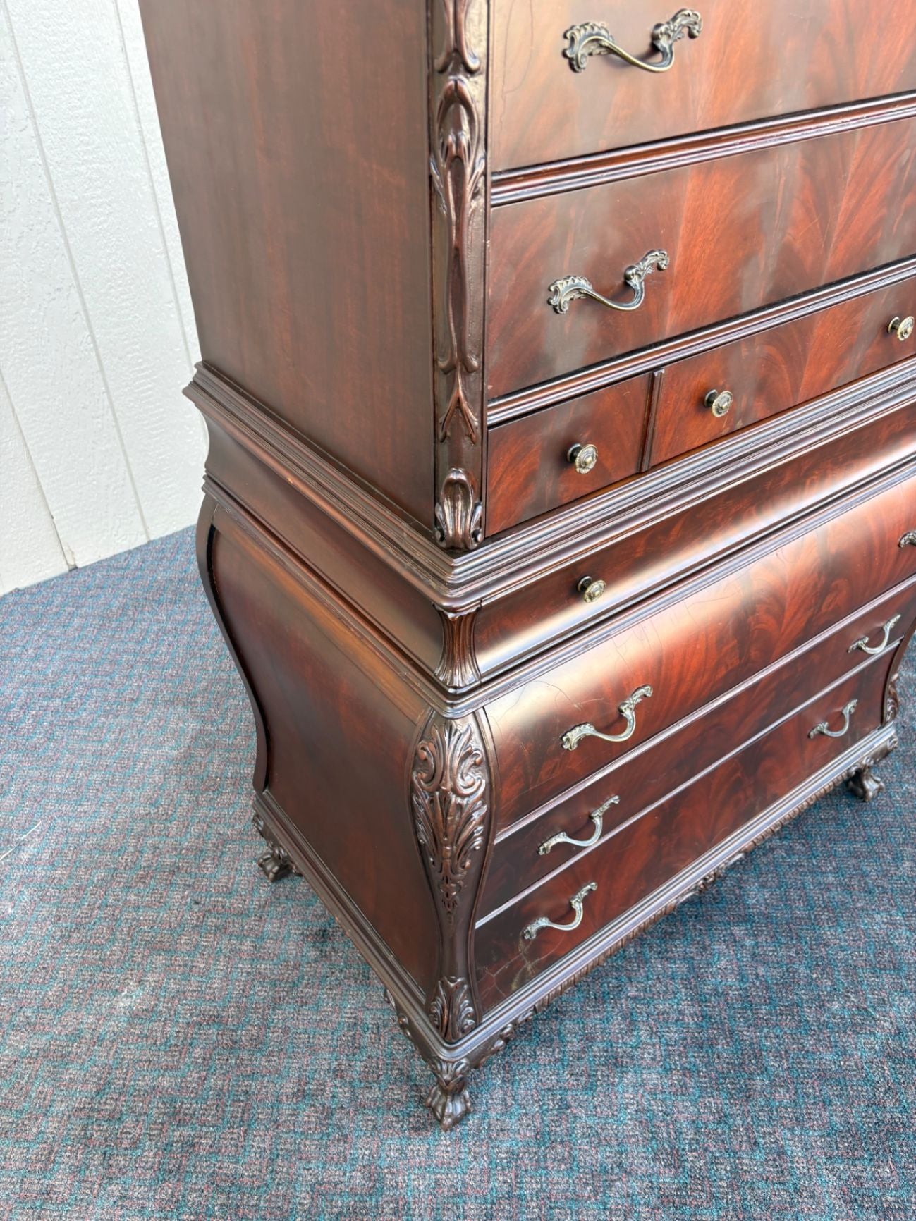 67492 Flame Mahogany Carved High Chest with Ornate Detailing