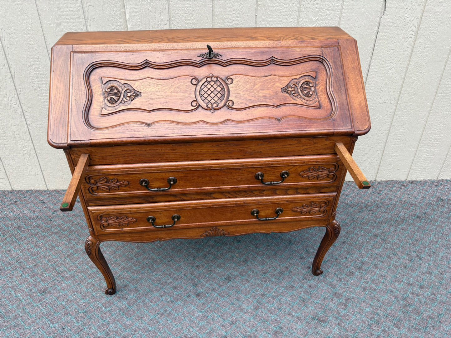 68097 Vintage French Provincial Oak Slant Front Desk with Carved Details