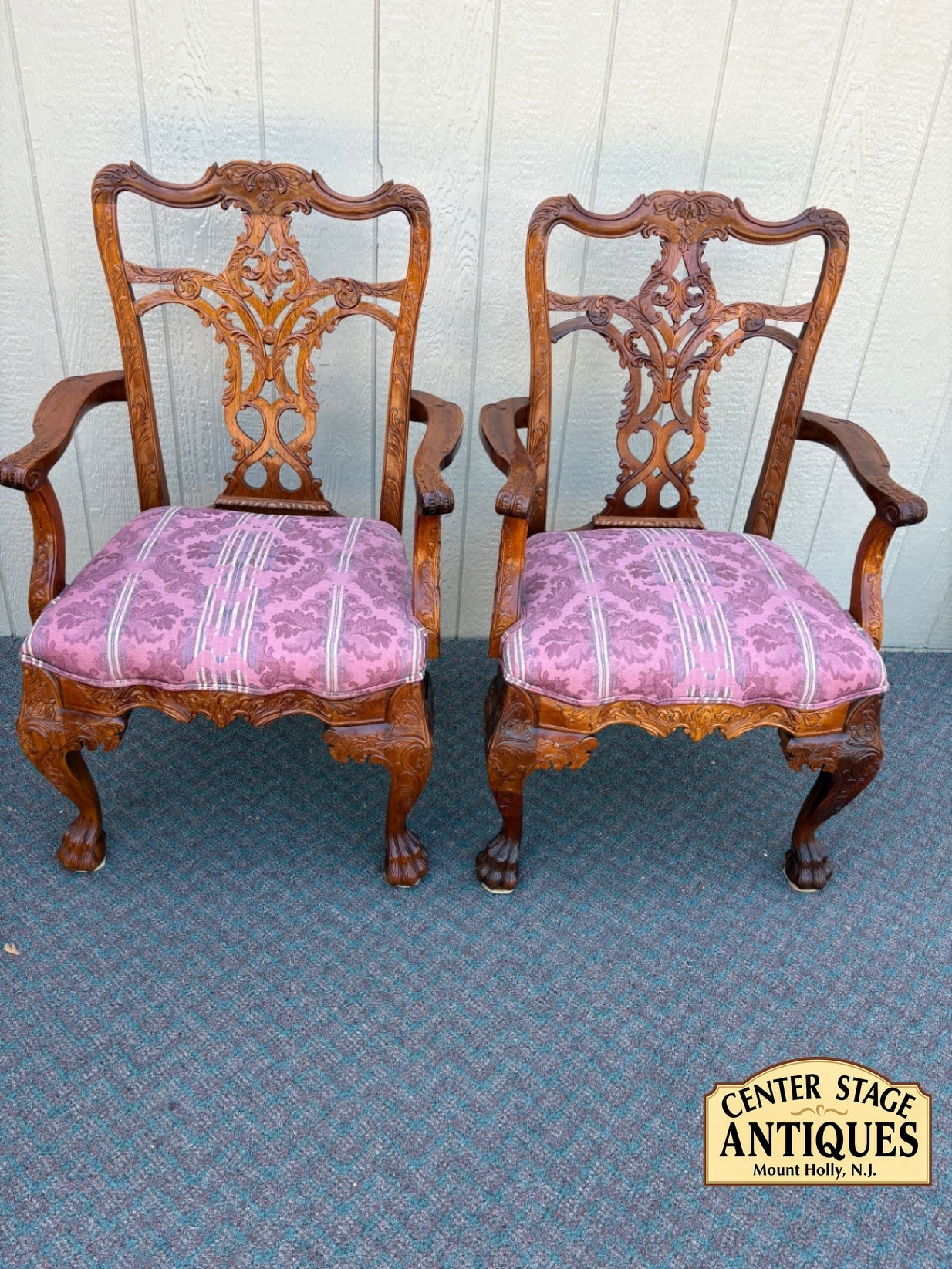 67770 Pair of Chippendale Style Armchairs with Carved Details