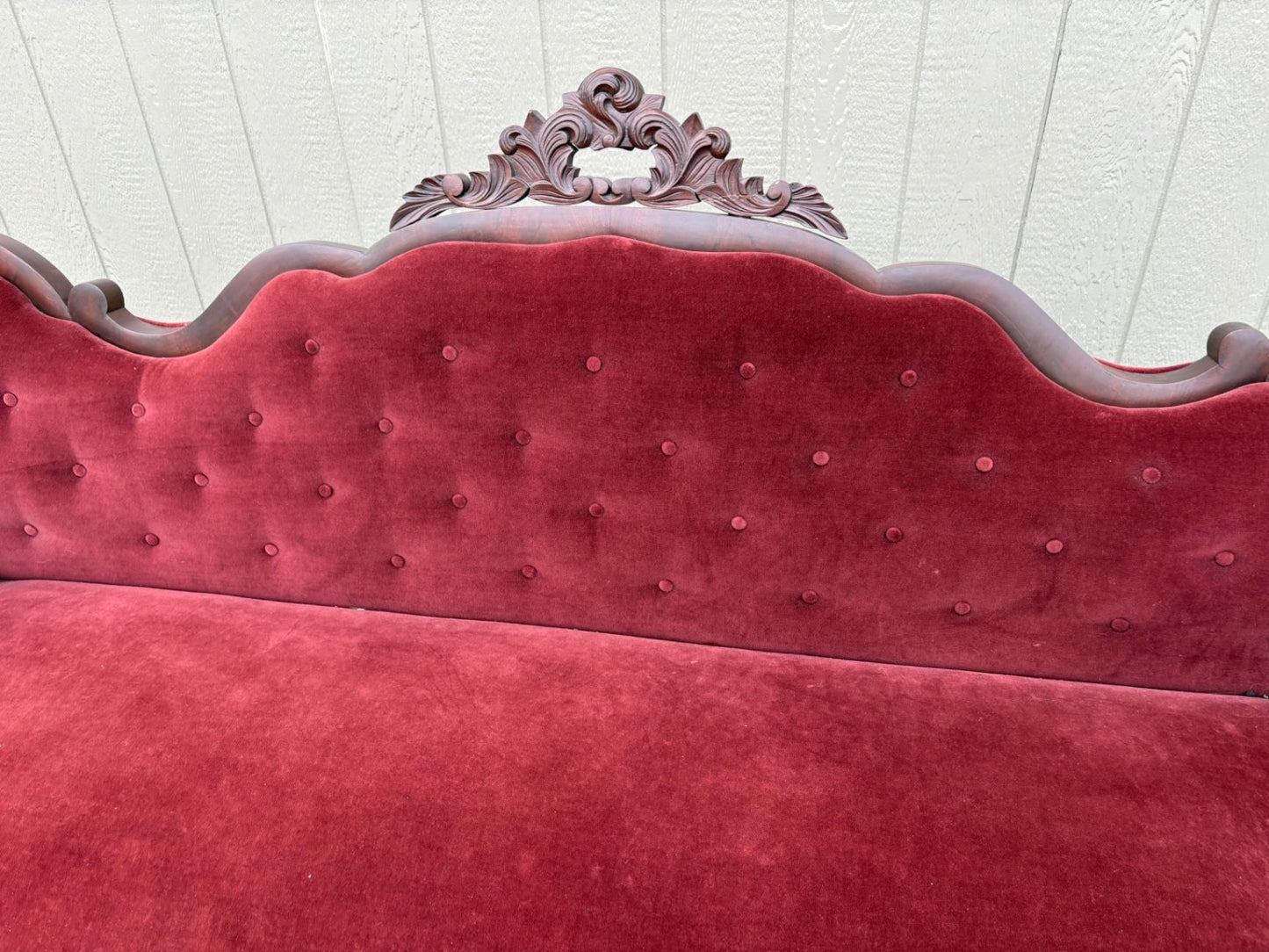 67490  Antique Empire Sofa with Red Velvet Upholstery and Carved Wood