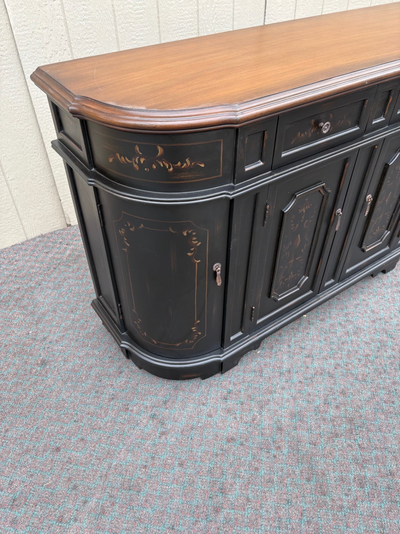 67888 Vintage Italian Style Black Buffet Sideboard with Hand-Painted Details