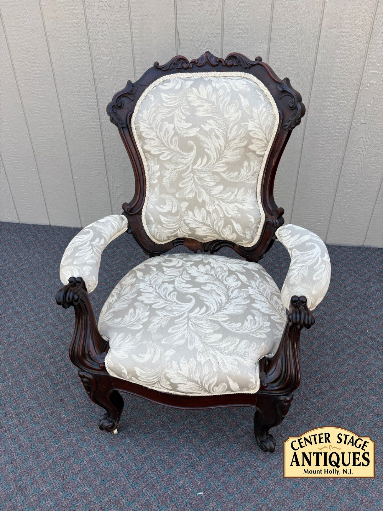 67760 Victorian Armchair with Ornate Carvings and Upholstery