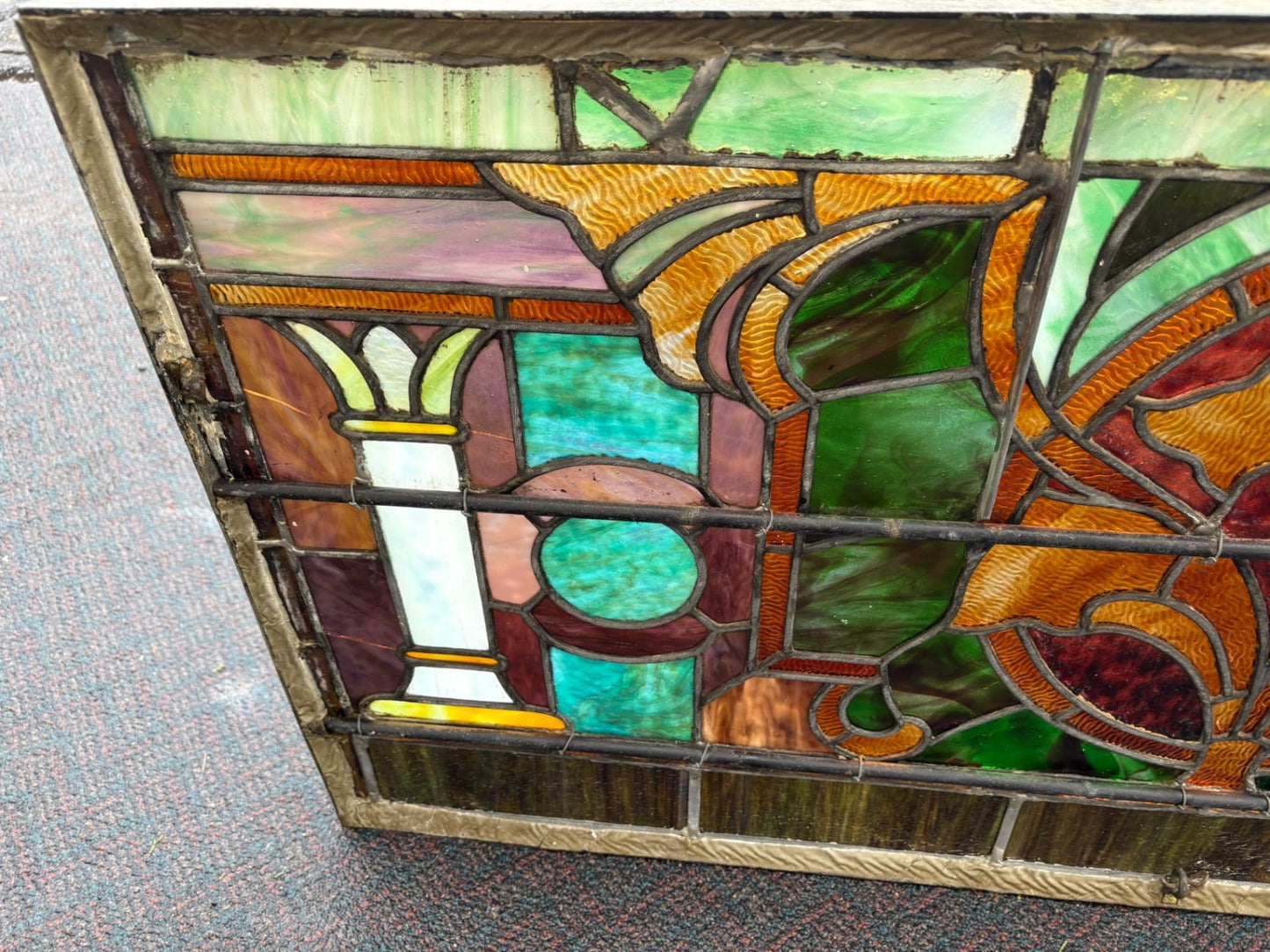 67487 Antique Art Nouveau Stained Glass Window with Floral Motif