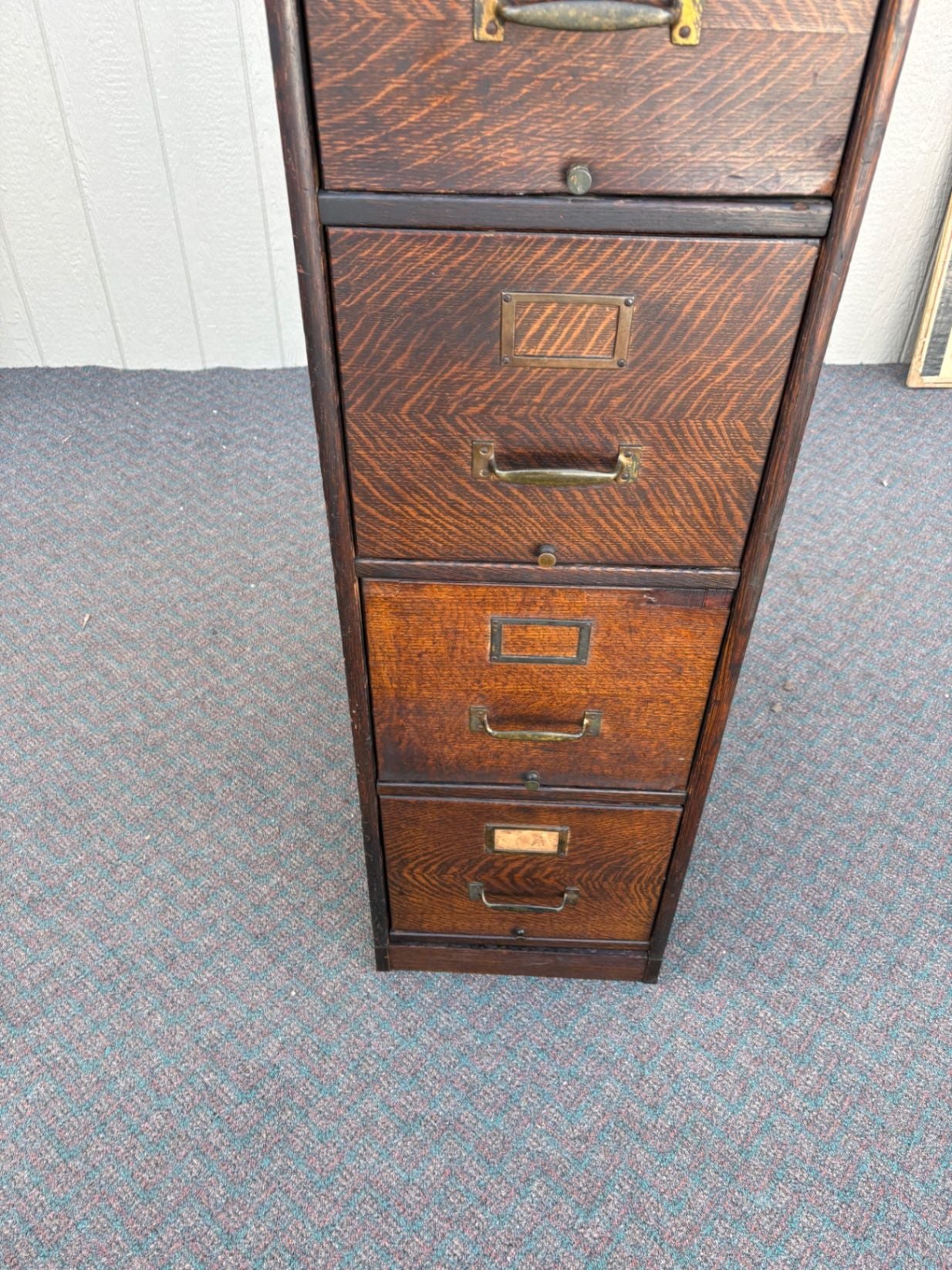 67307 Antique Oak File Cabinet with Four Drawers and Brass Hardware