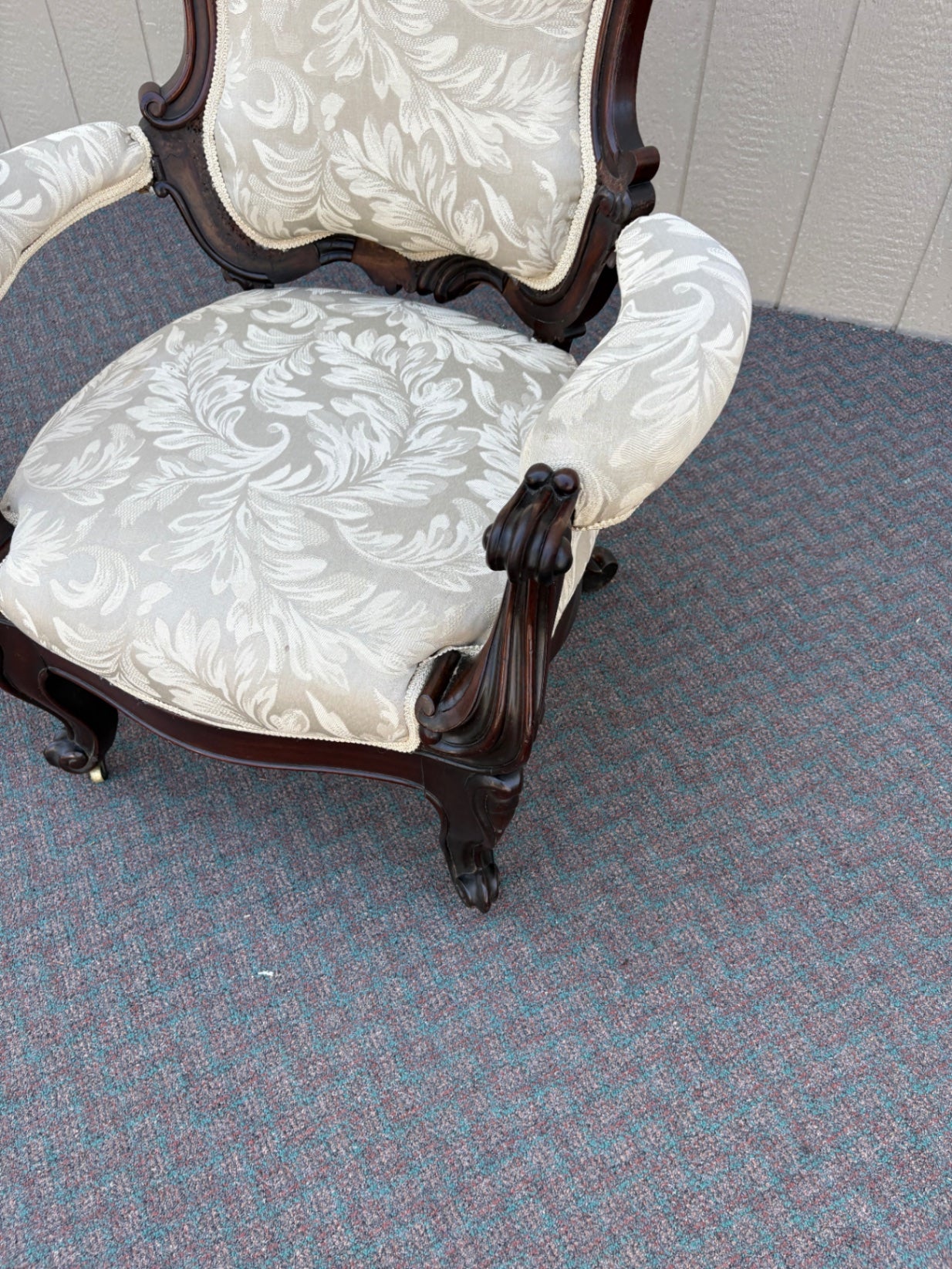 67760 Victorian Armchair with Ornate Carvings and Upholstery