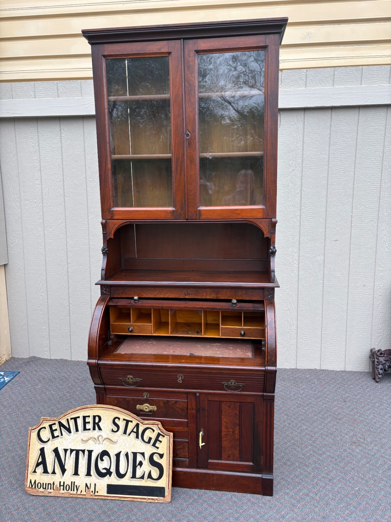67689  Victorian Cylinder Secretary Desk with Glass Cabinet Top