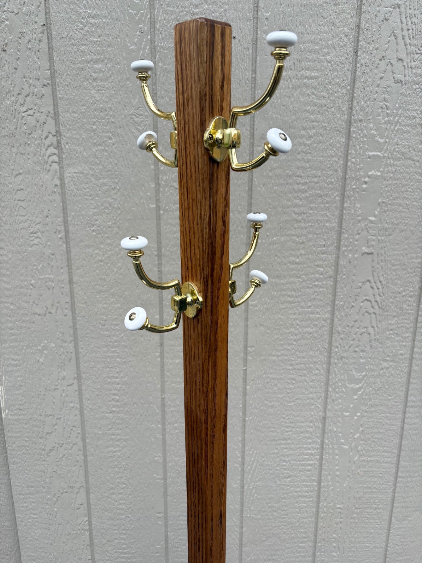 68113  Vintage Oak Coat Tree with Brass Hooks and Ceramic Accents