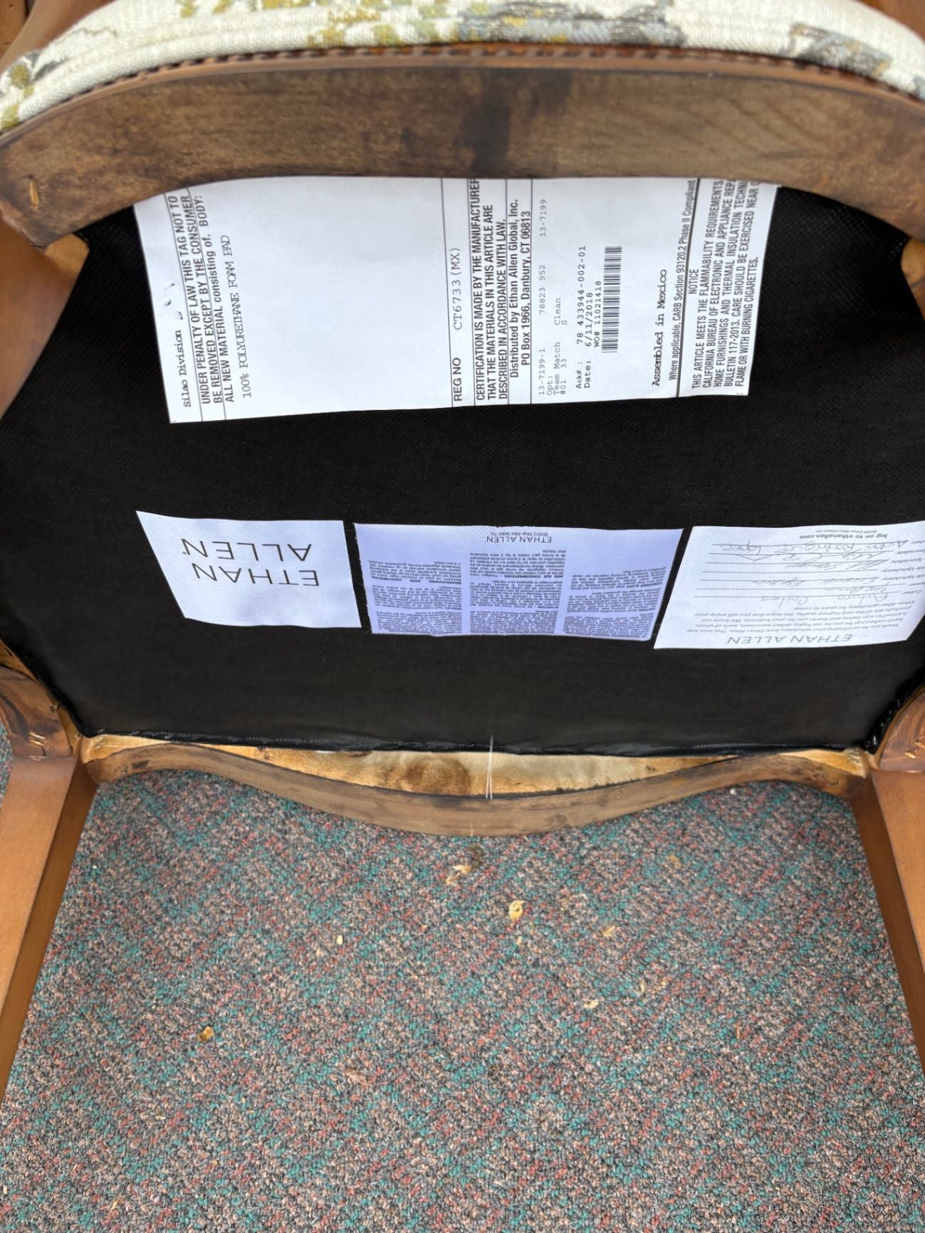 67658 Ethan Allen Carved Armchair with Floral Upholstery