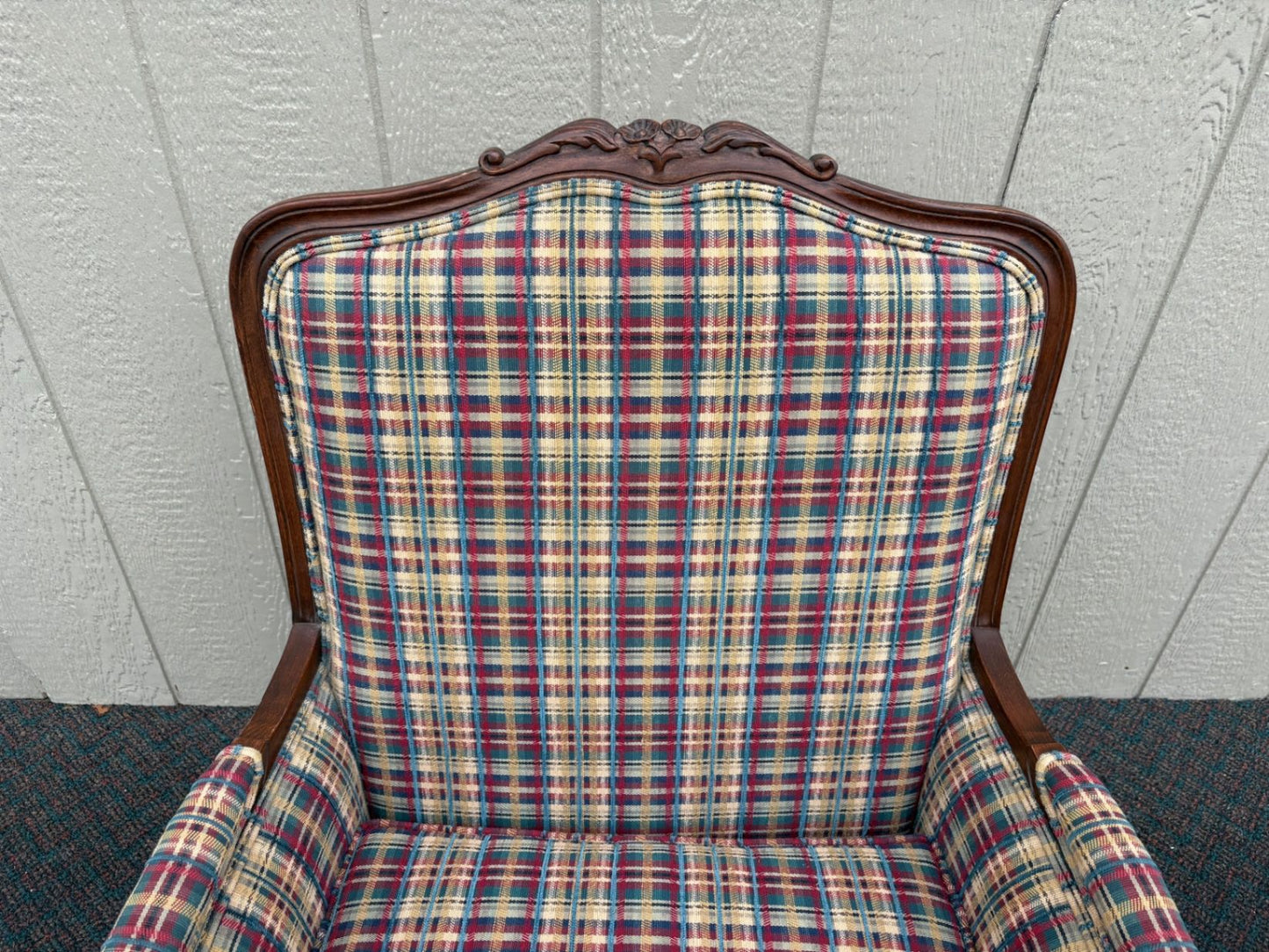 67548  Ethan Allen Louis XV Style Armchair with Plaid Upholstery