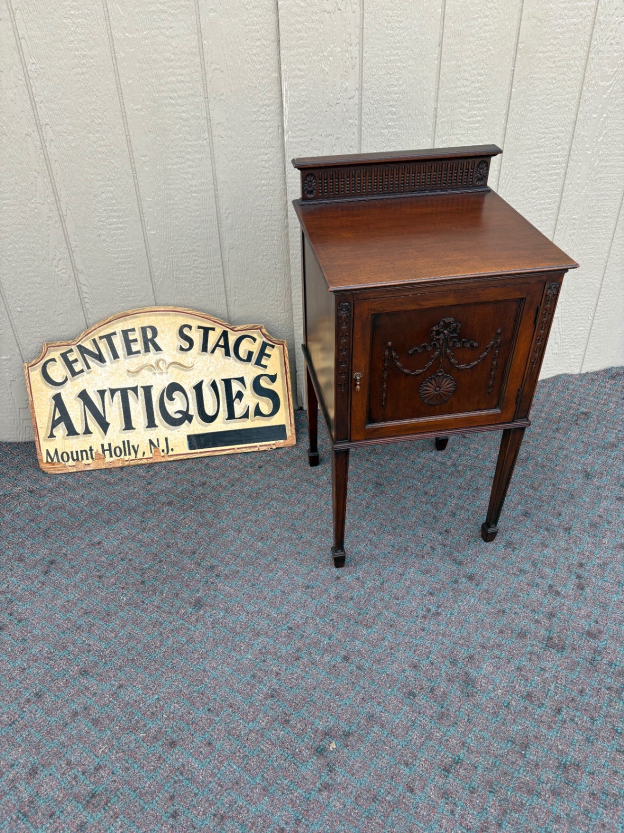 67982 Antique Mahogany Nightstand with Carved Details and Shelf