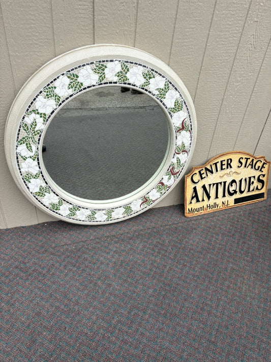 67830 Large Round Floral Mosaic Wall Mirror with White and Green Accents