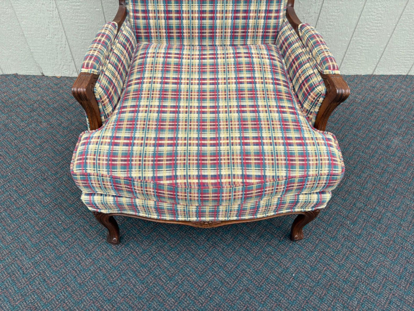 67548  Ethan Allen Louis XV Style Armchair with Plaid Upholstery