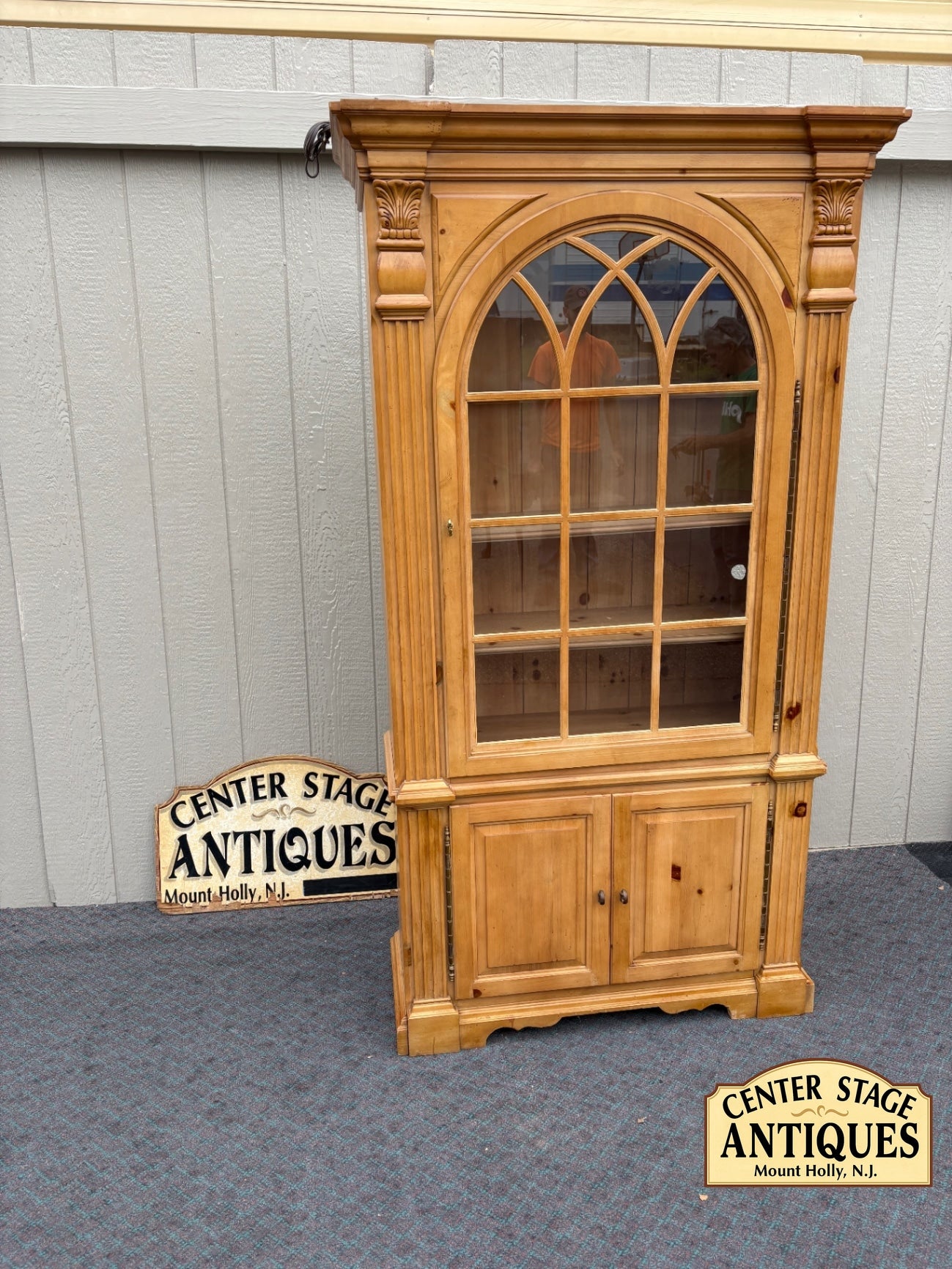 67671  Antique Pine Curio Bookcase with Glass Doors and Cabinet