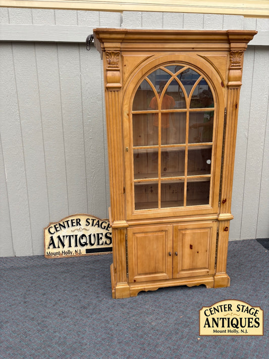 67671  Antique Pine Curio Bookcase with Glass Doors and Cabinet