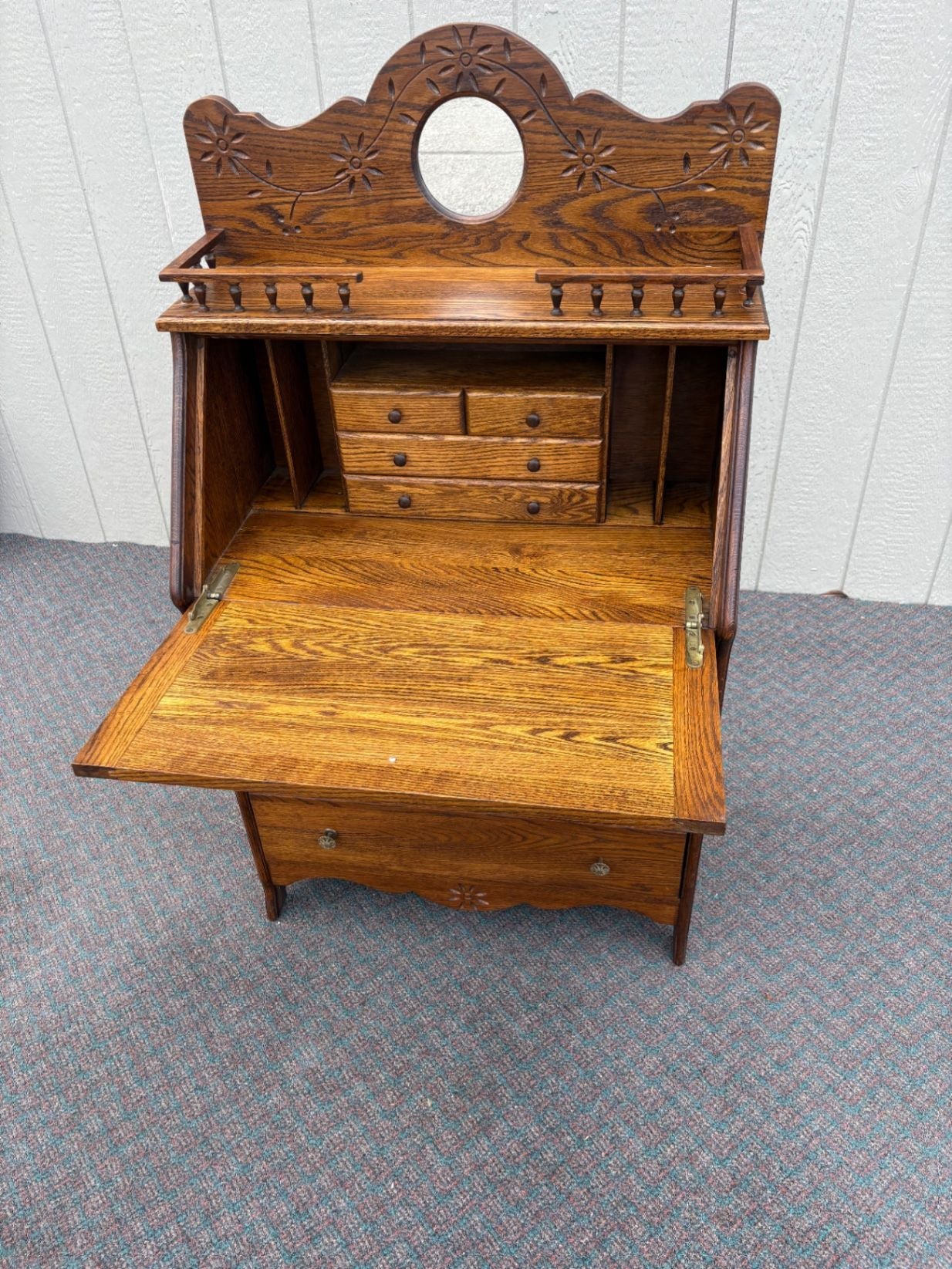 67561 Antique Oak Slant Front Desk with Mirror and Carved Details