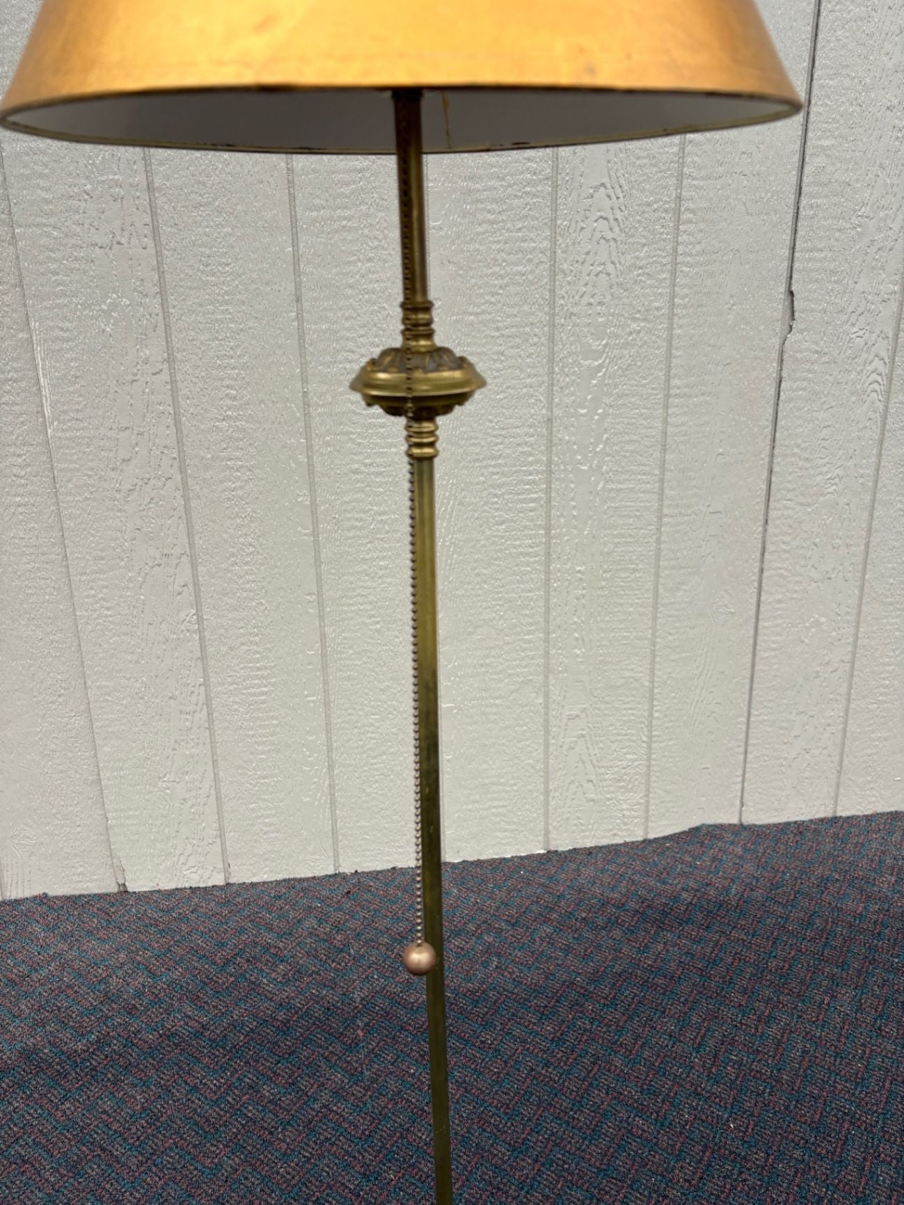 67509  Vintage Brass Floor Lamp with Gold Shade and Ornate Base