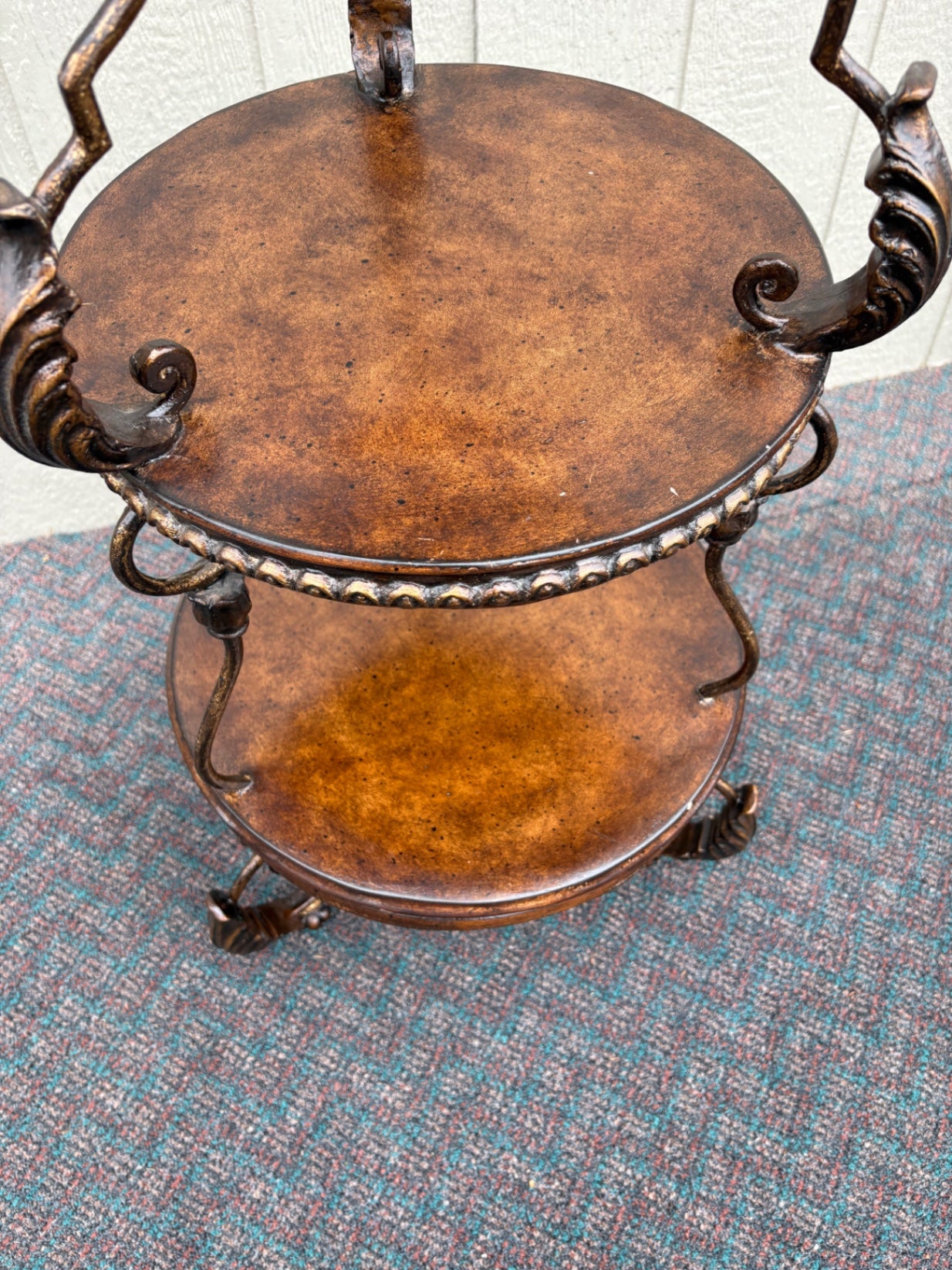 67831 Ornate Three-Tier Accent Table with Metal Scrollwork and Wood Finish