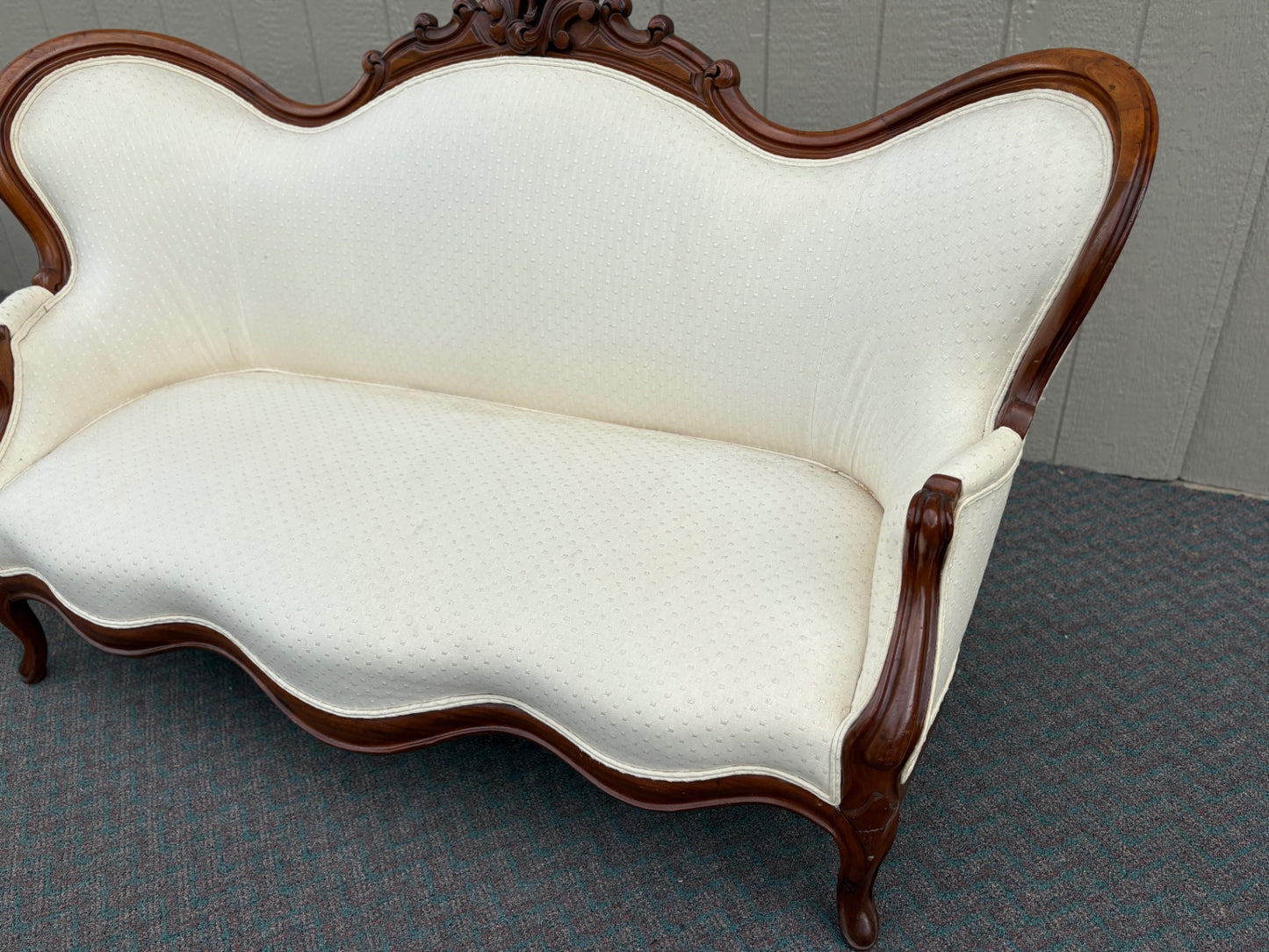 67764 Victorian Carved Walnut Sofa with Cream Upholstery