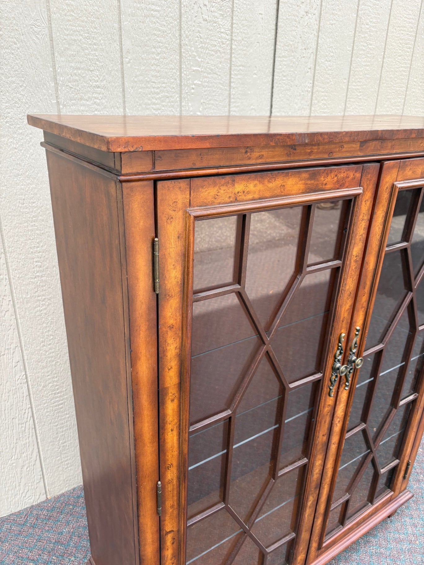 67660 Vintage Glass Front Bookcase with Geometric Wood Inlay