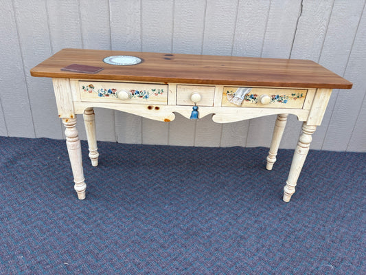 67858 Ethan Allen Country Style Console Table with Floral Accents
