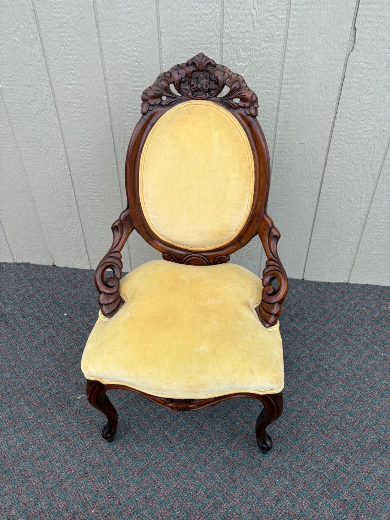 67445  Victorian Carved Mahogany Chair with Yellow Upholstery